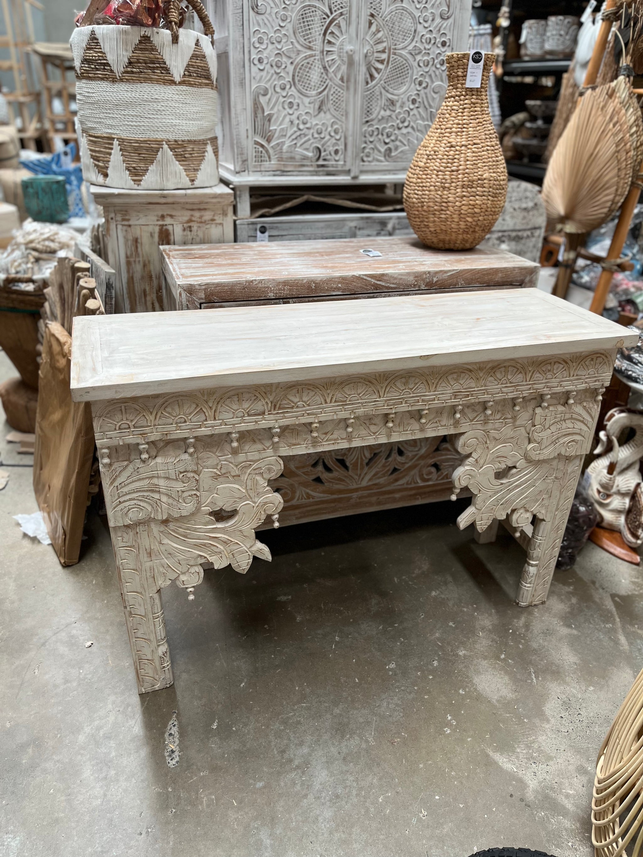 Carved rustic white timber sideboard - Bali Beach Beyond