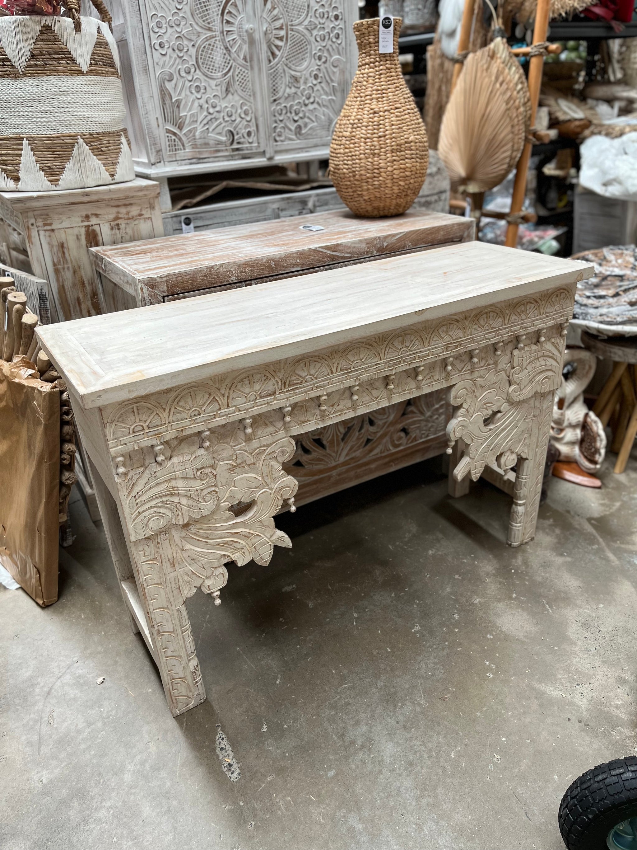 Carved rustic white timber sideboard - Bali Beach Beyond