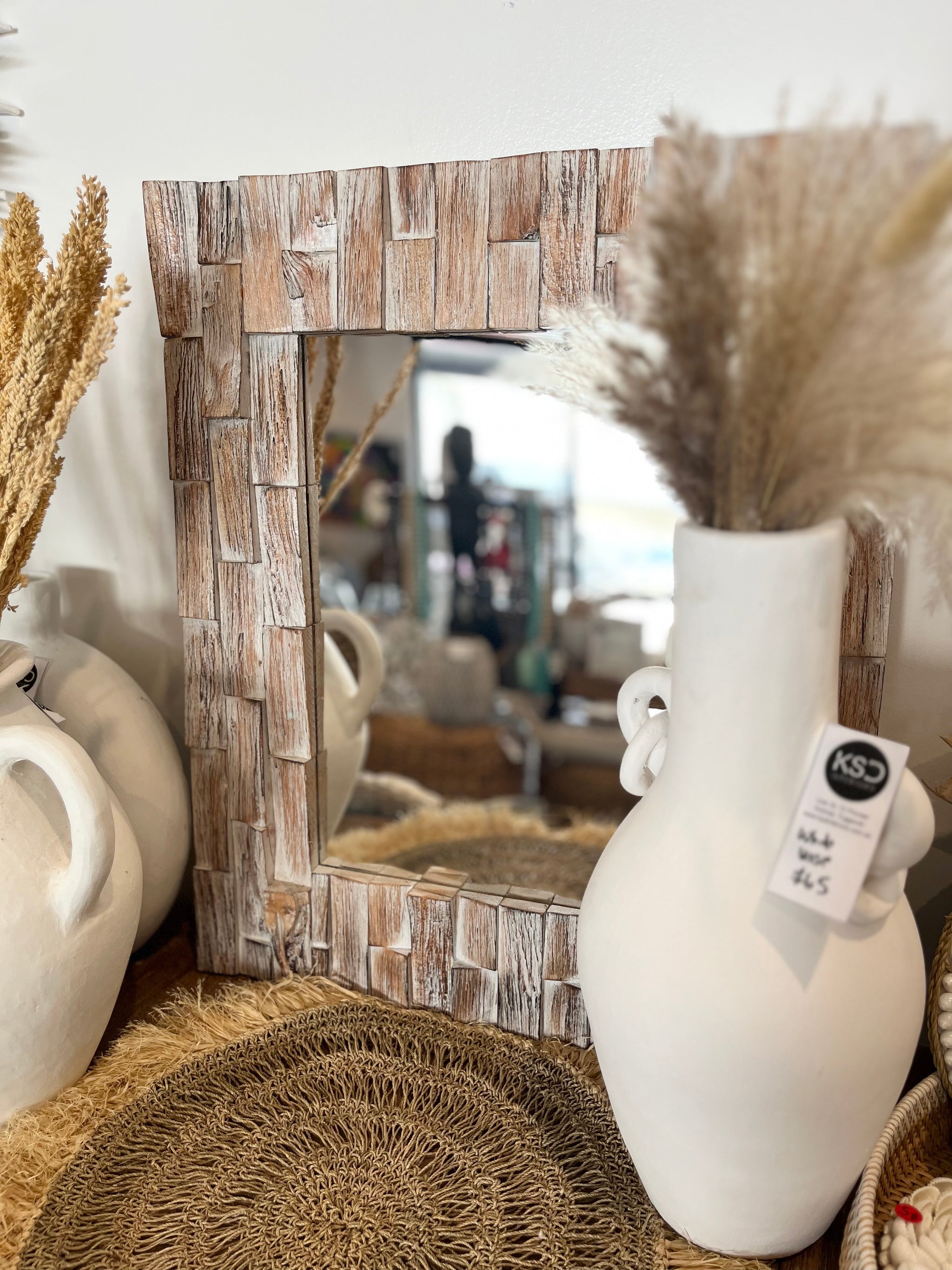 White wash / brown timber mirror - Bali Beach Beyond