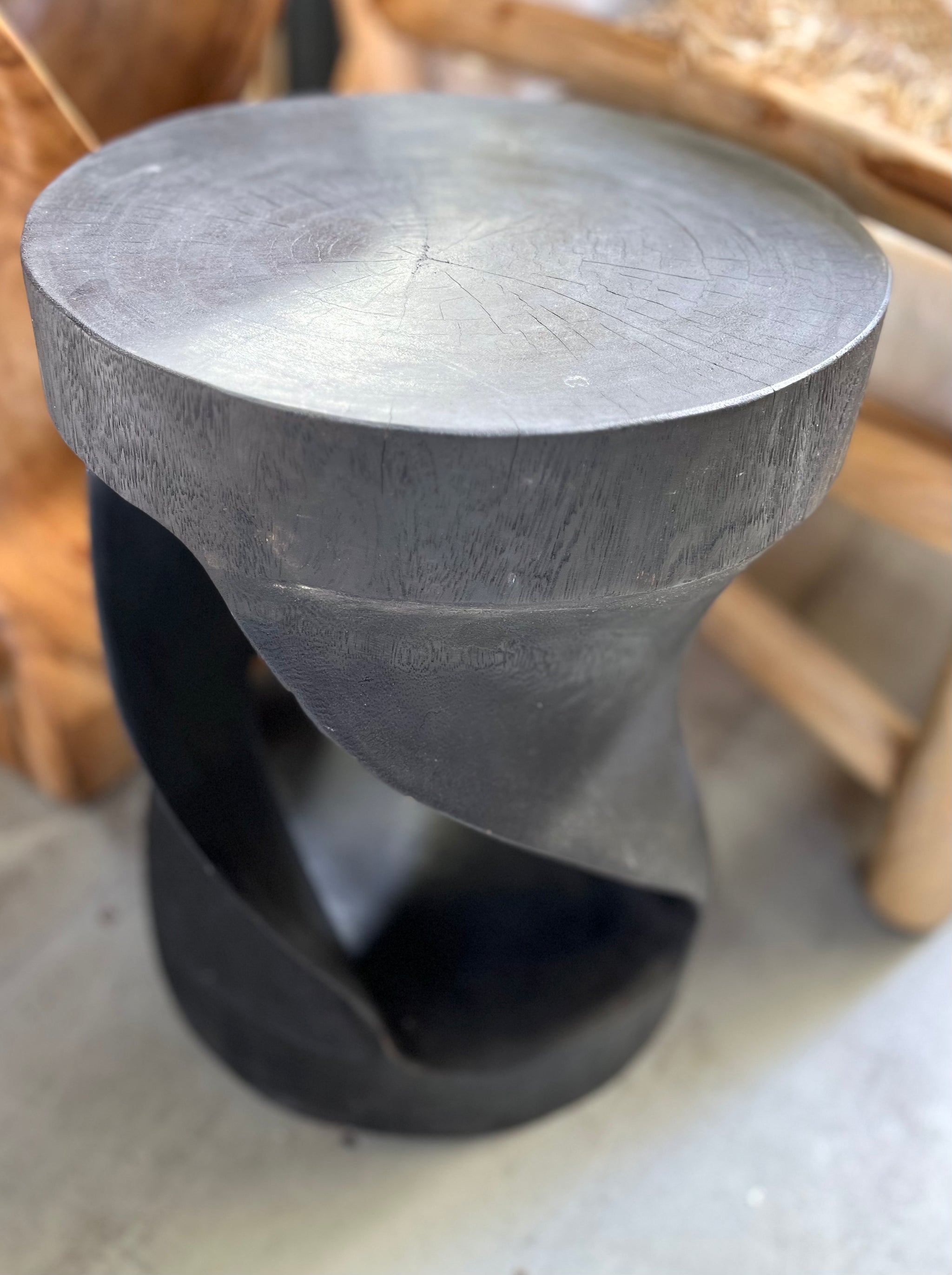 Black twisted timber stool / side table - Bali Beach Beyond