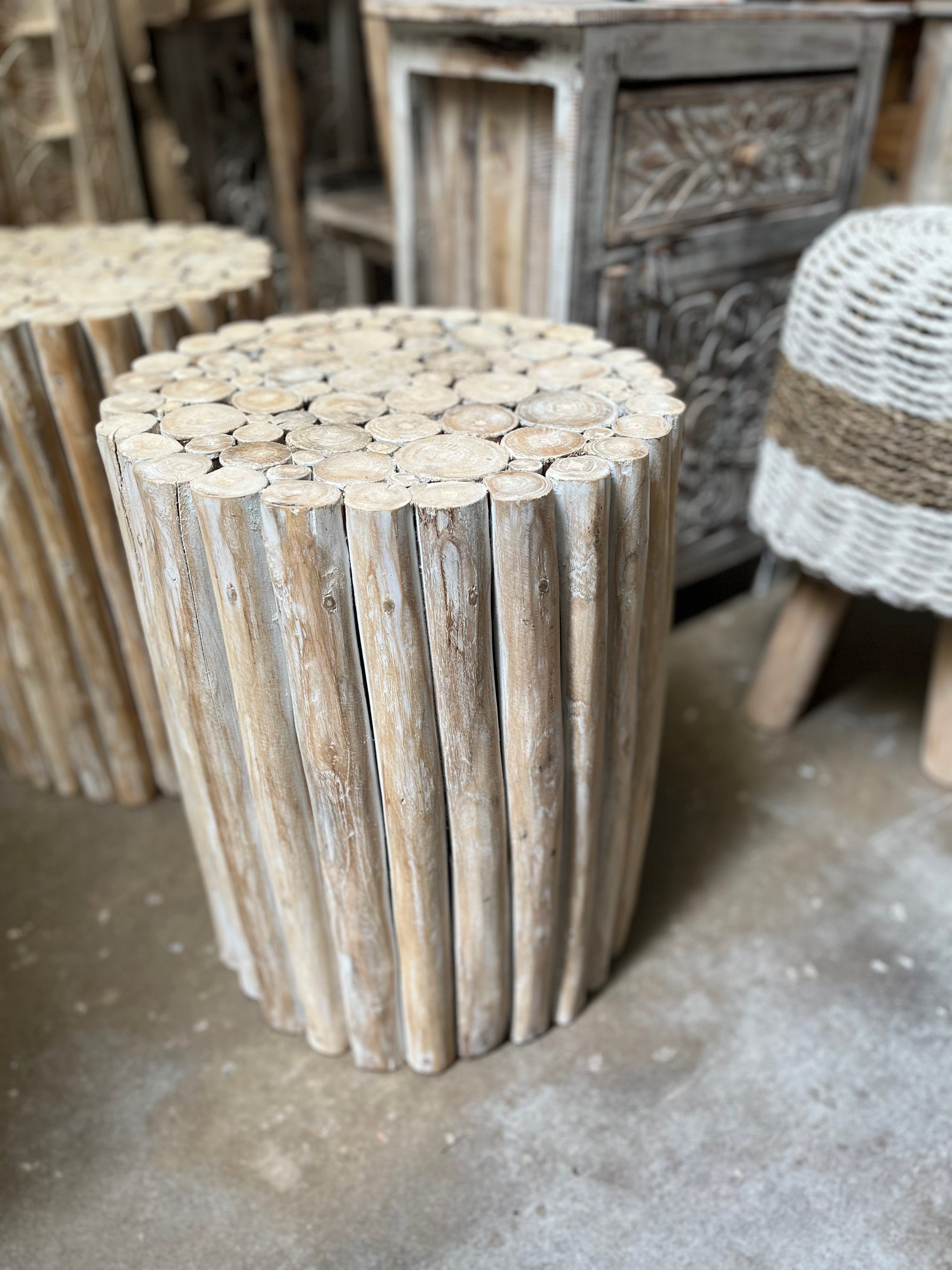 White wash timber side table / stool. Flat top. - Bali Beach Beyond