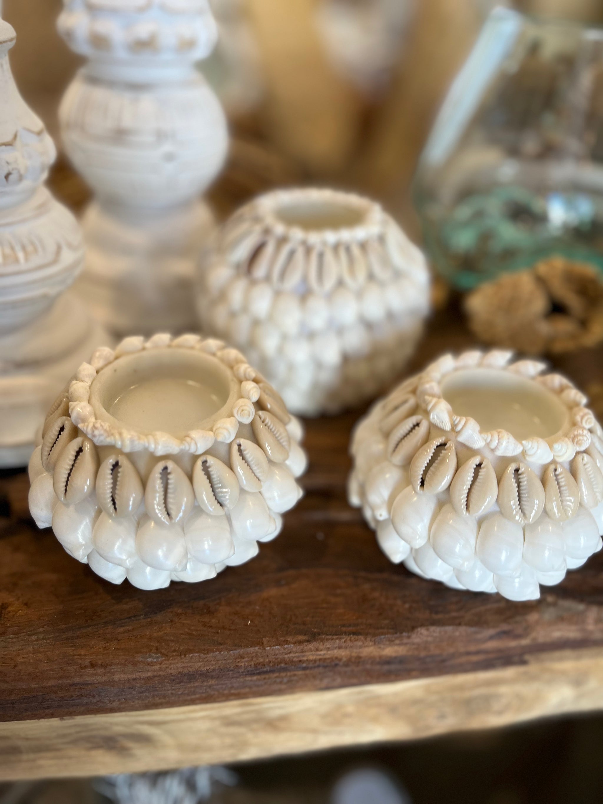 Set 3 white / natural shell tealight / candle holder