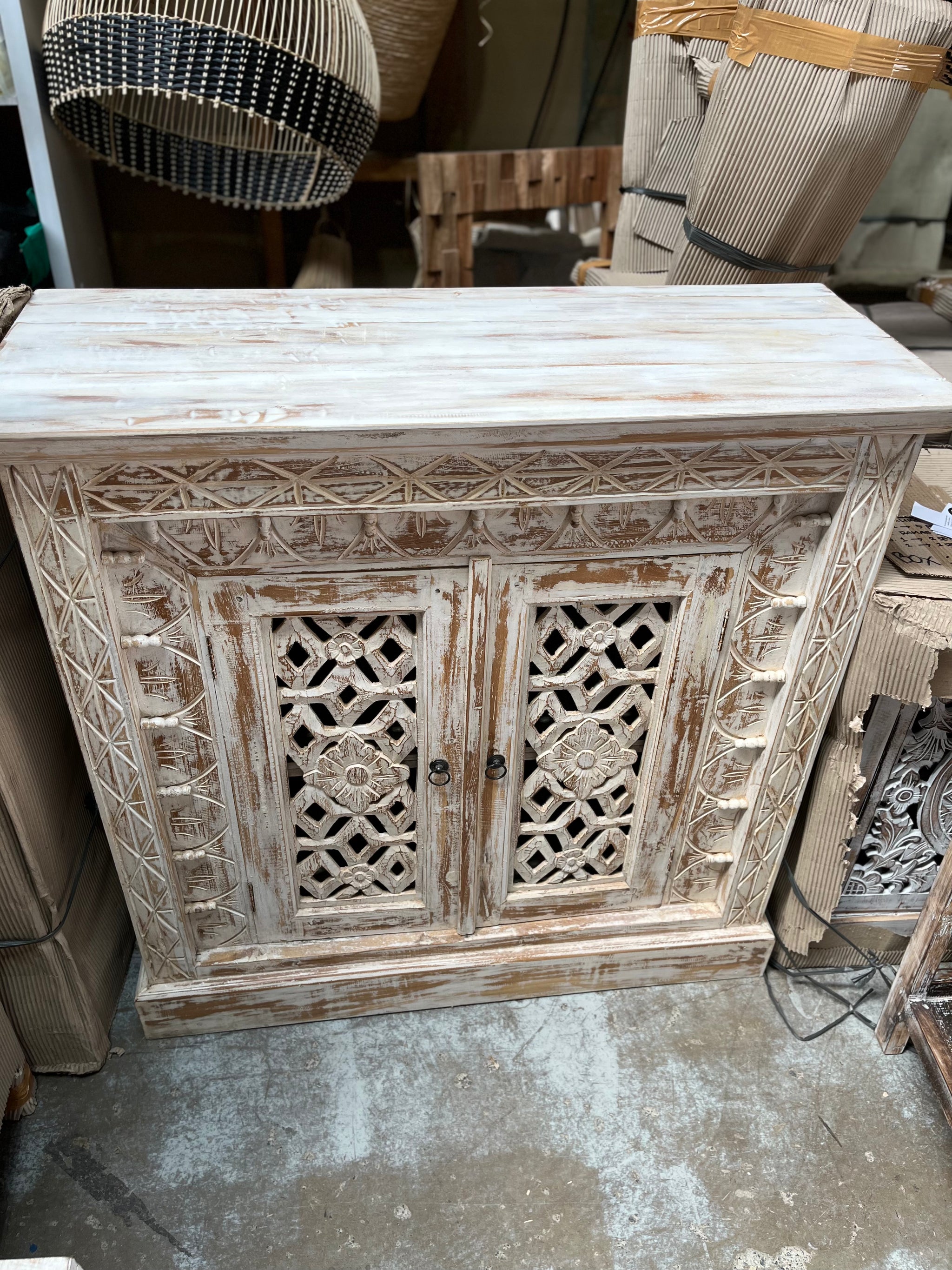Carved rustic white timber cabinet / sideboard with 2 doors - Bali Beach Beyond