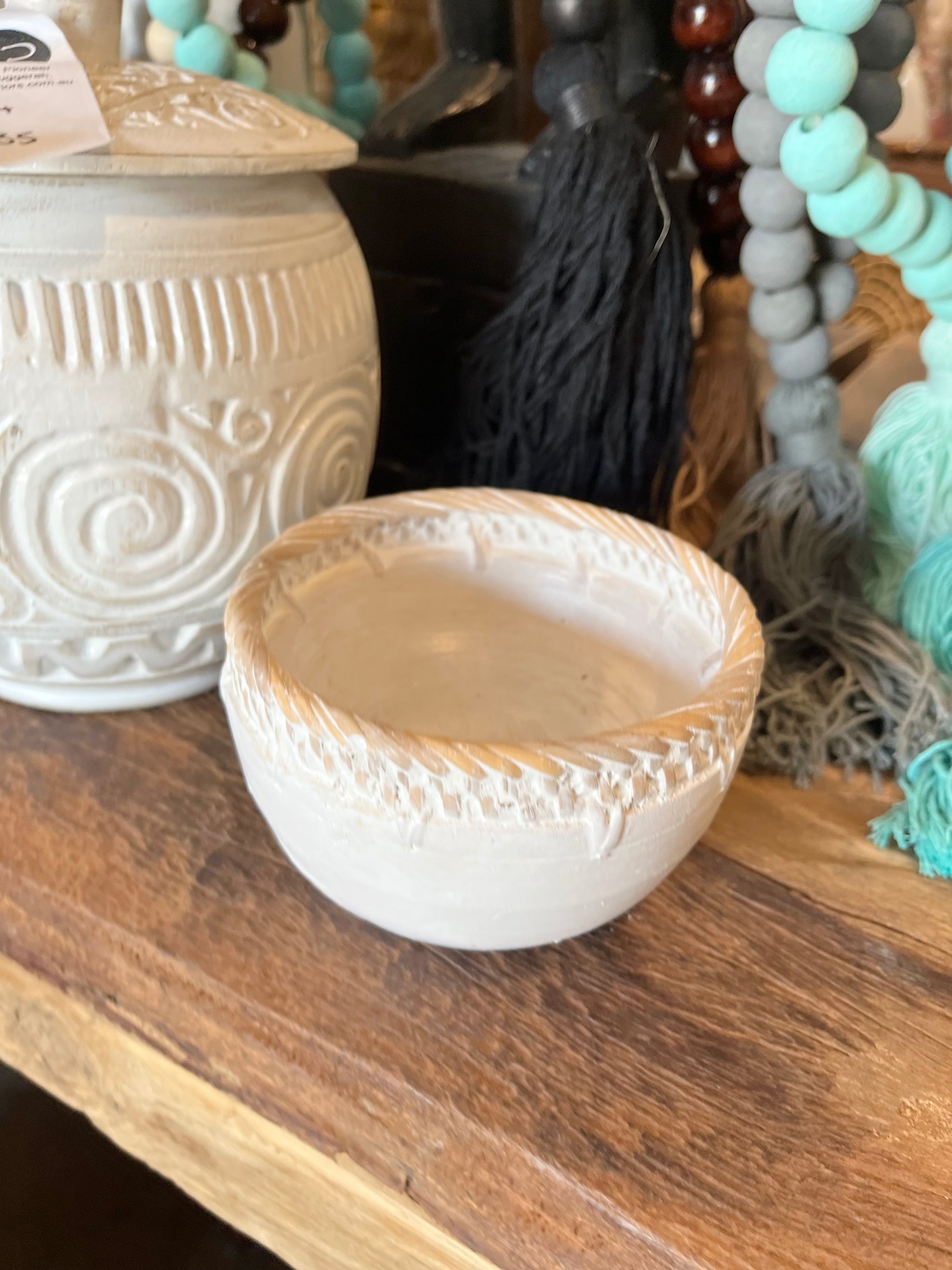 White bowl with decorative trim - Bali Beach Beyond