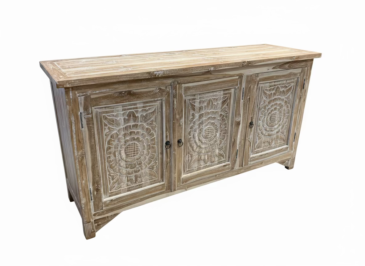 White wash carved timber cabinet / sideboard - Bali Beach Beyond