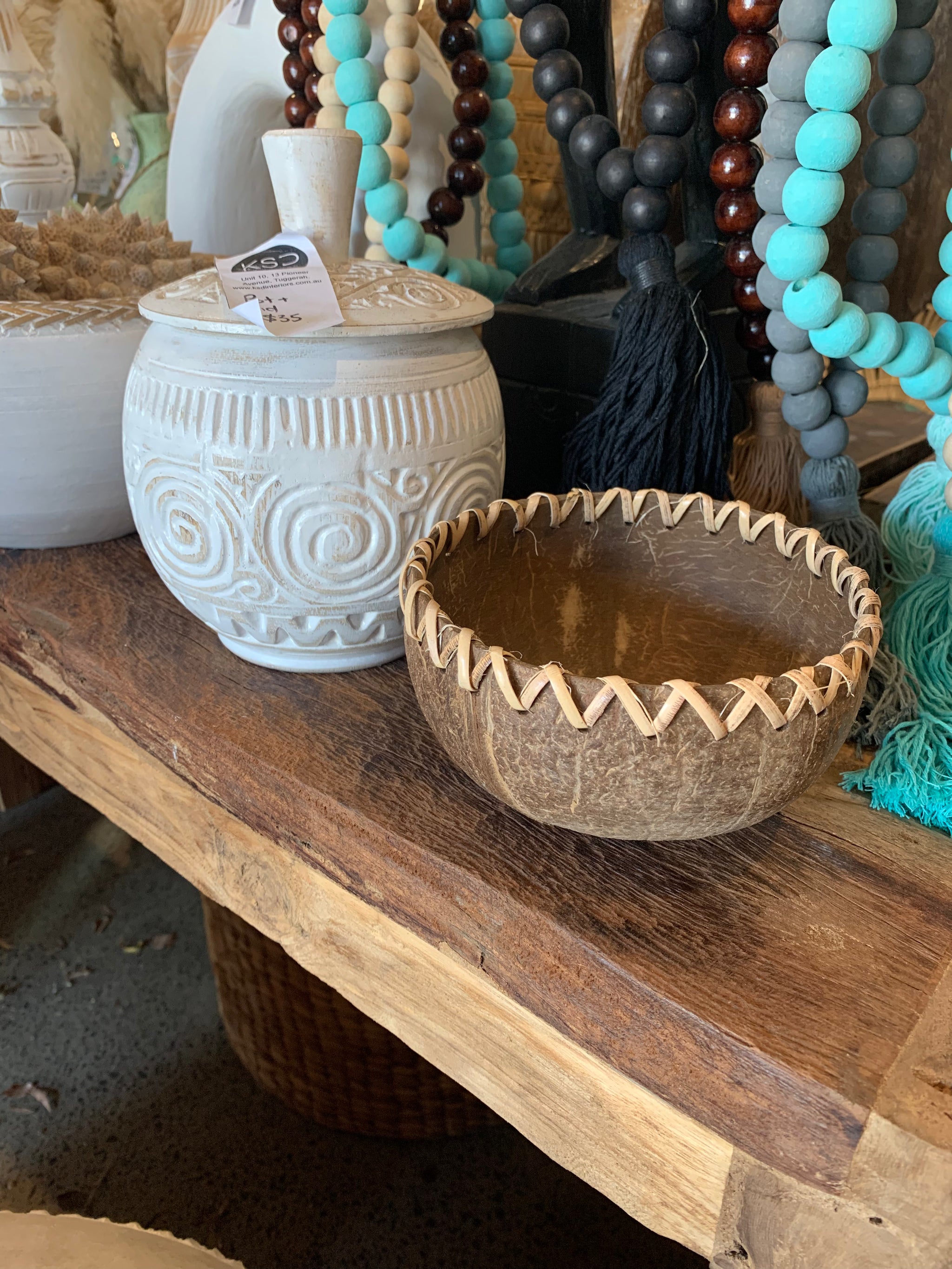 Brown coconut bowl with rattan detail - Bali Beach Beyond