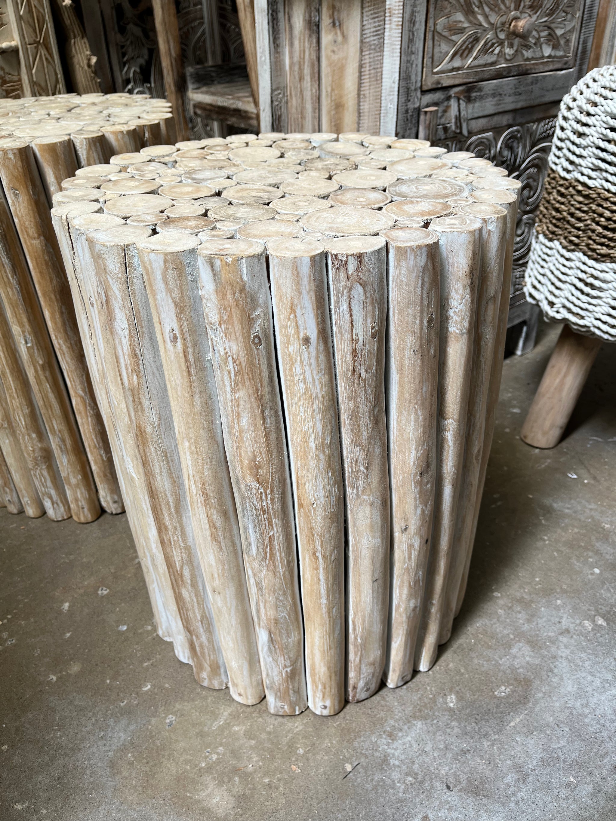 White wash timber side table / stool. Flat top. - Bali Beach Beyond