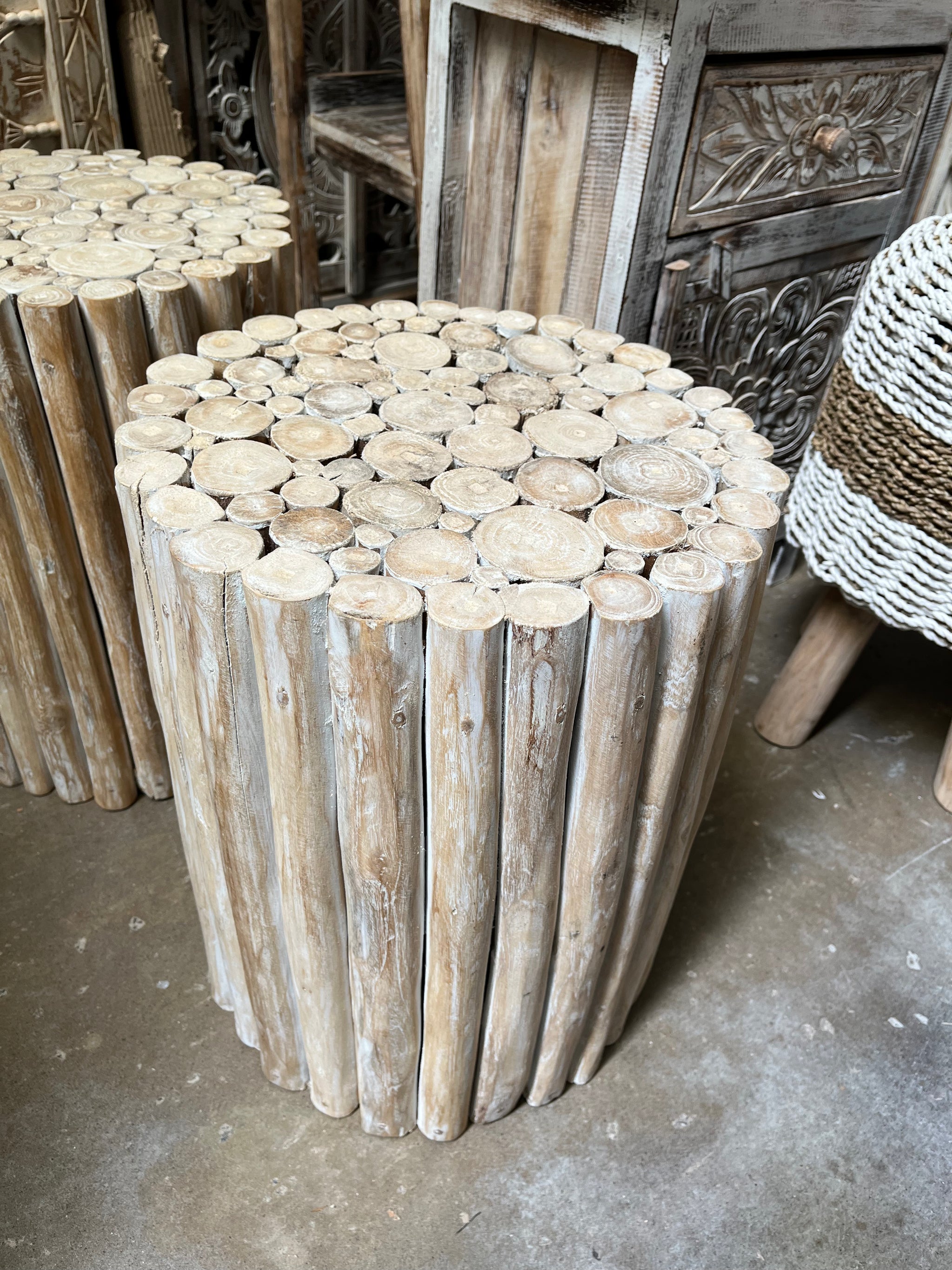 White wash timber side table / stool. Flat top. - Bali Beach Beyond