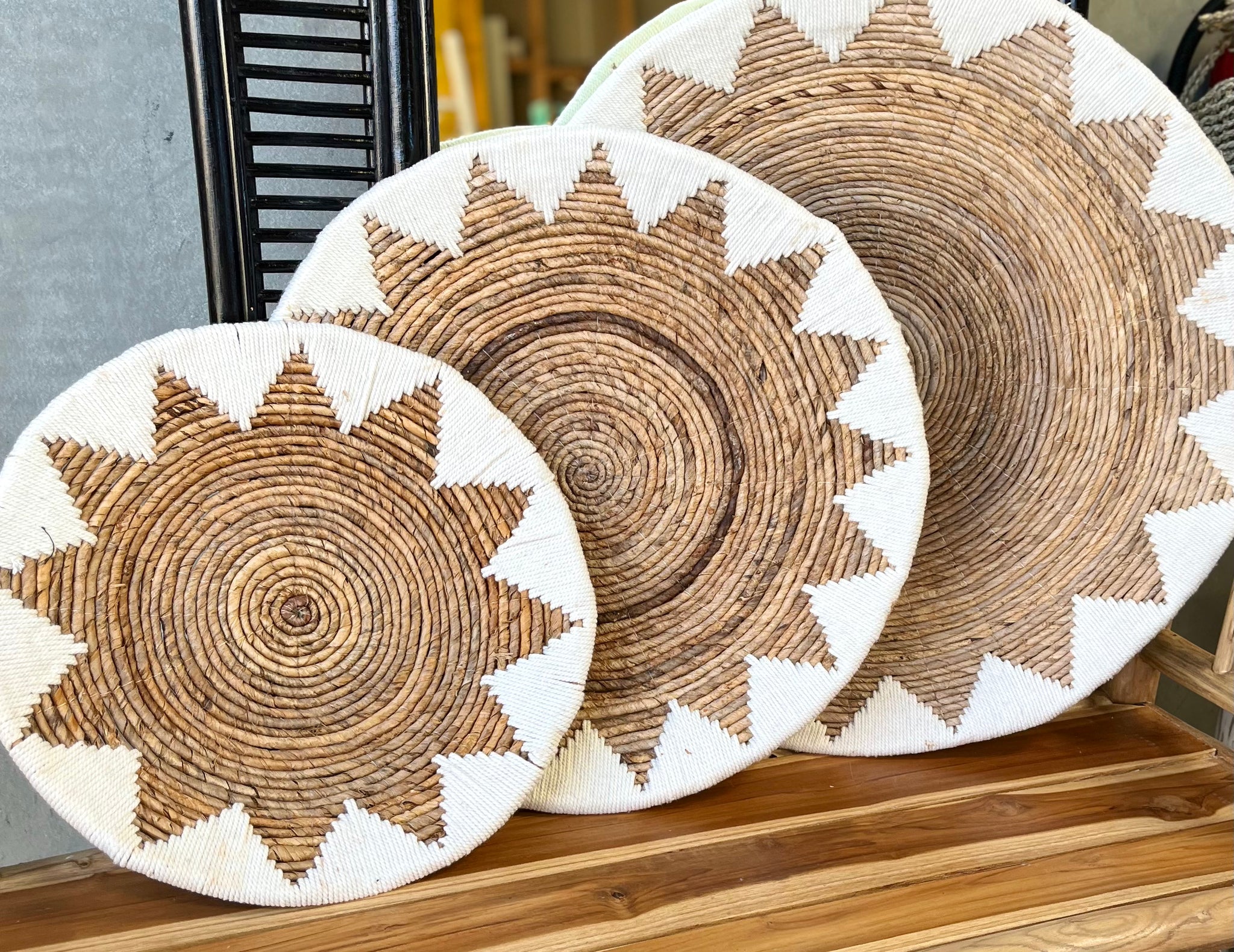 Woven wall platters natural and white. Set of 3. Design 3 - Bali Beach Beyond