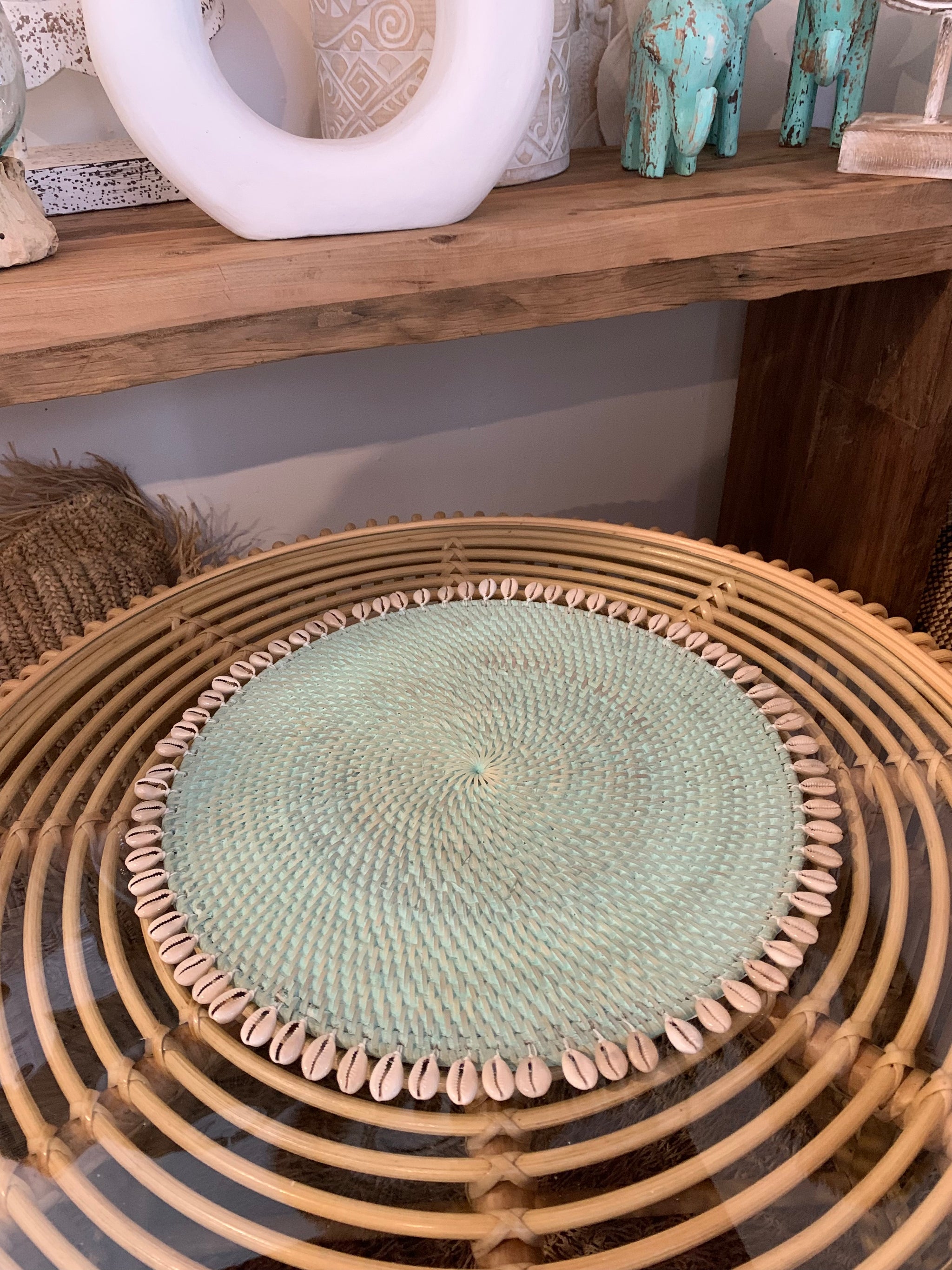 Blue /aqua rattan placemat with cowrie shells - Bali Beach Beyond