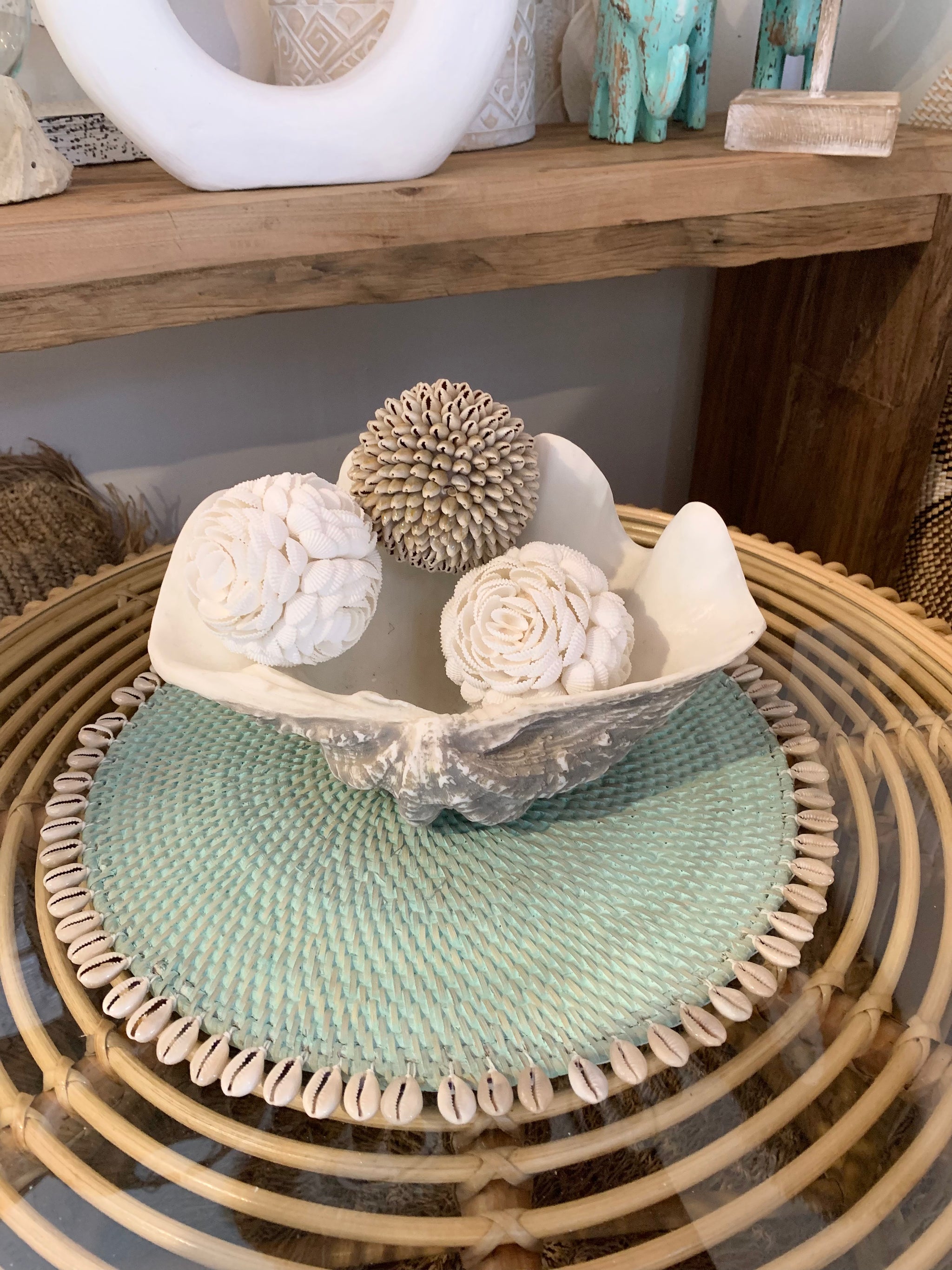 Blue /aqua rattan placemat with cowrie shells - Bali Beach Beyond