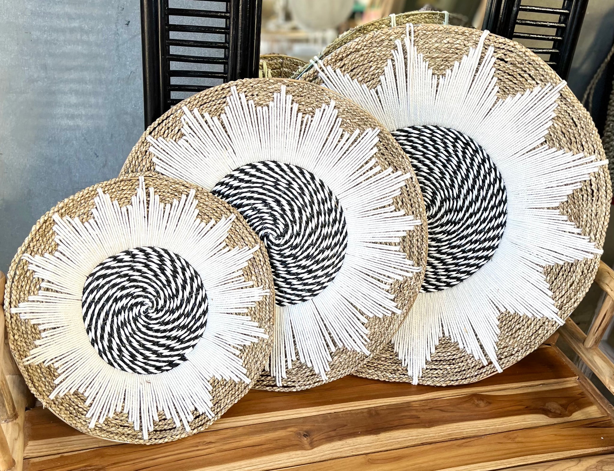 Woven wall platters natural, black and white. Set of 3. Design 5 - Bali Beach Beyond