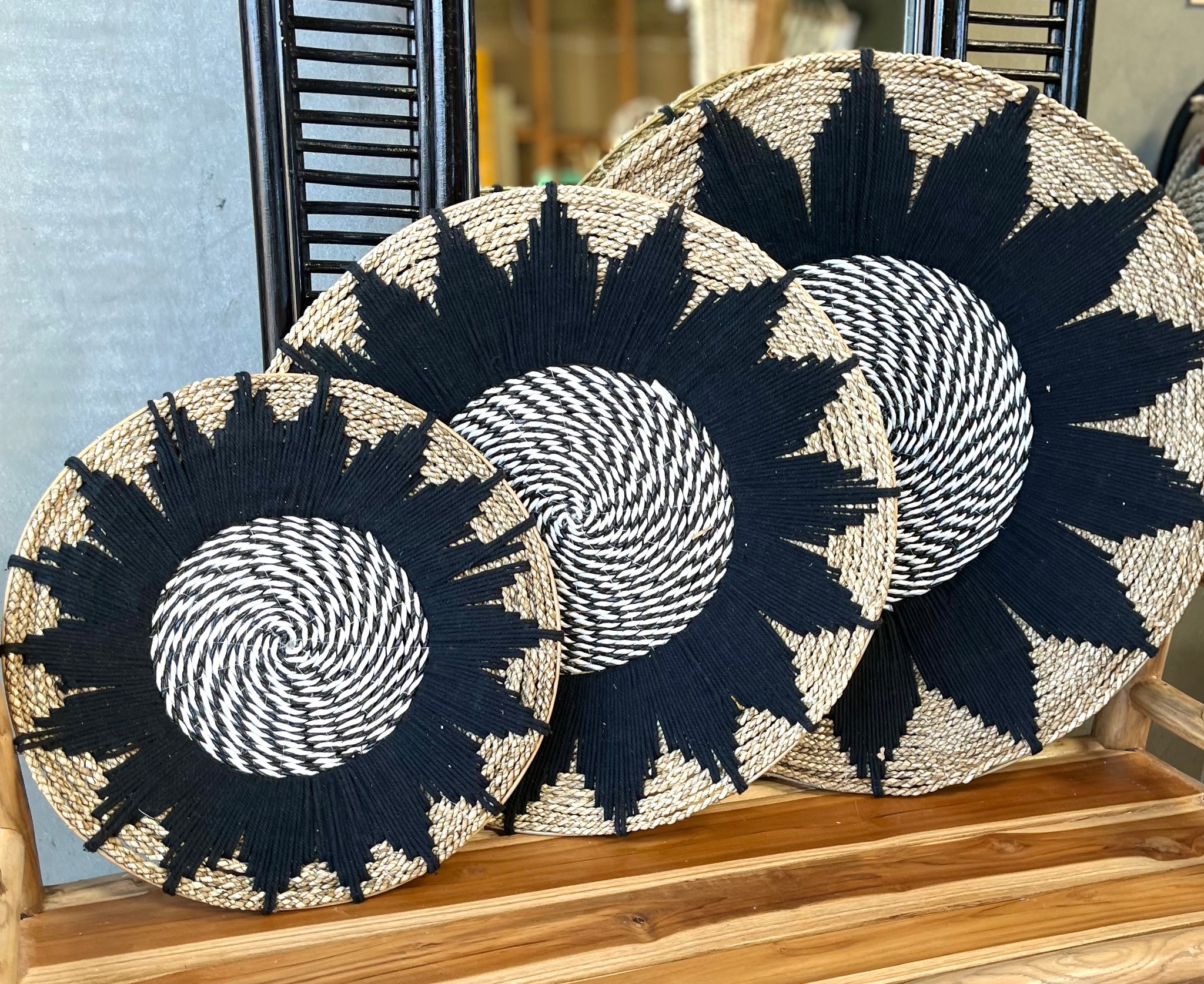 Woven wall platters natural and black. Set of 3. Design 4 - Bali Beach Beyond