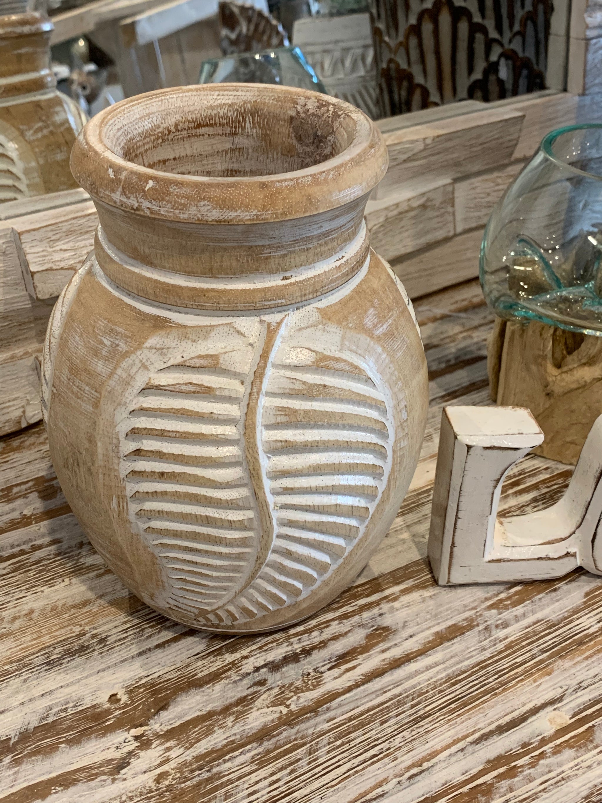 White wash carved timber vase. Small - Bali Beach Beyond