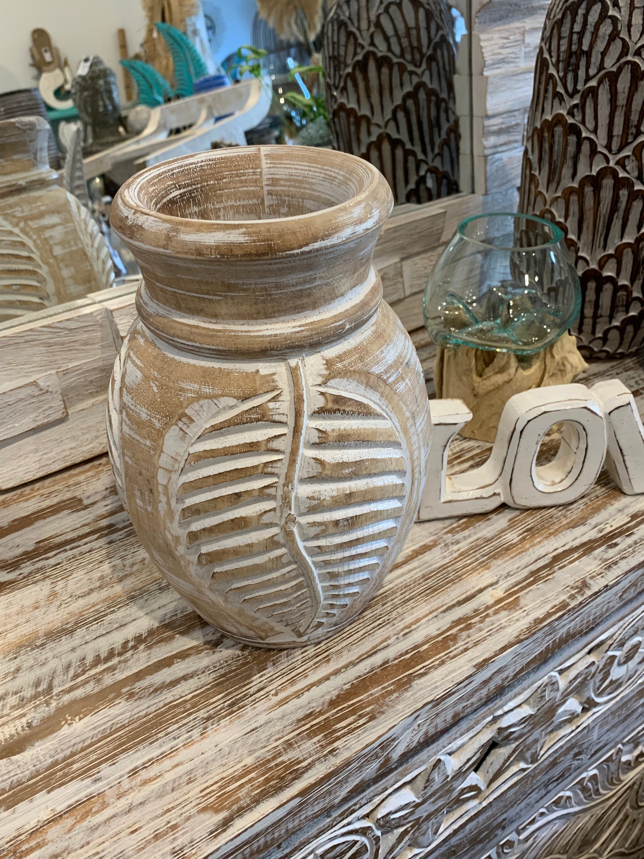 White wash carved timber vase. Medium - Bali Beach Beyond