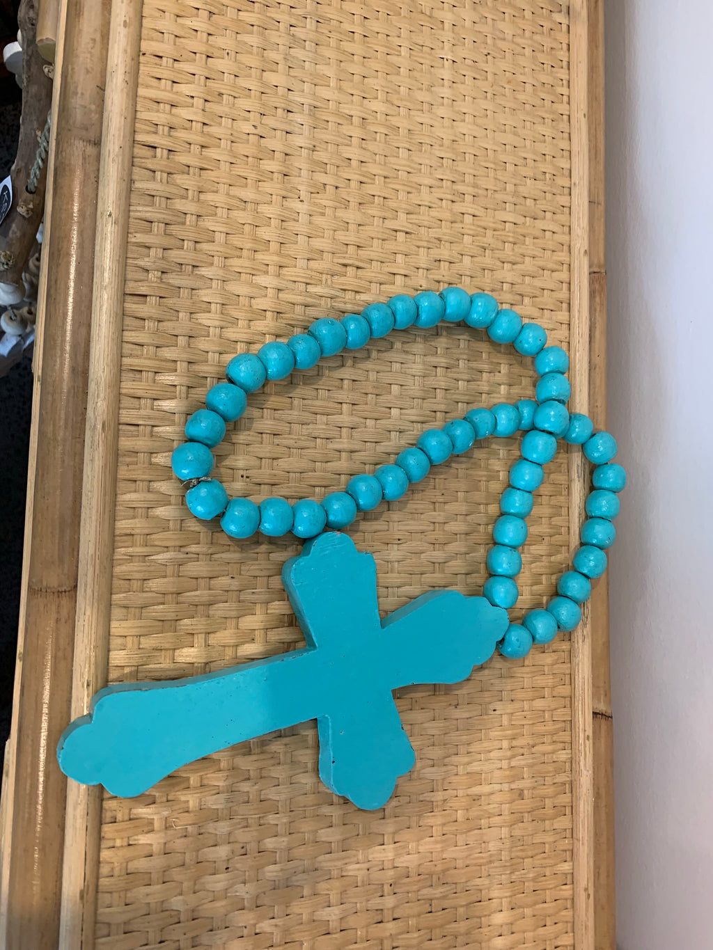 Rustic turquoise timber cross with turquoise beads. - Bali Beach Beyond