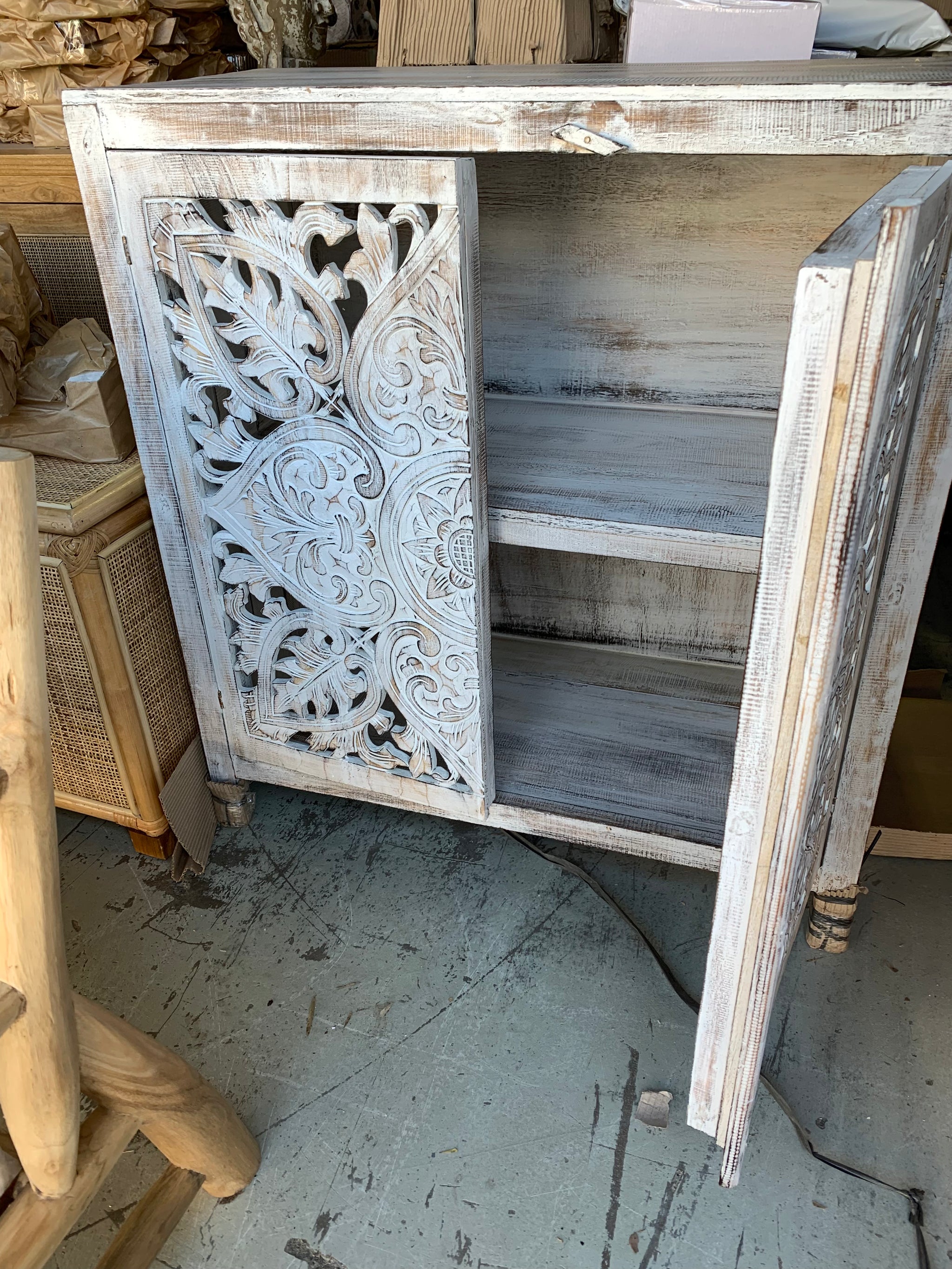 Carved rustic white timber cabinet with 2 doors - Bali Beach Beyond