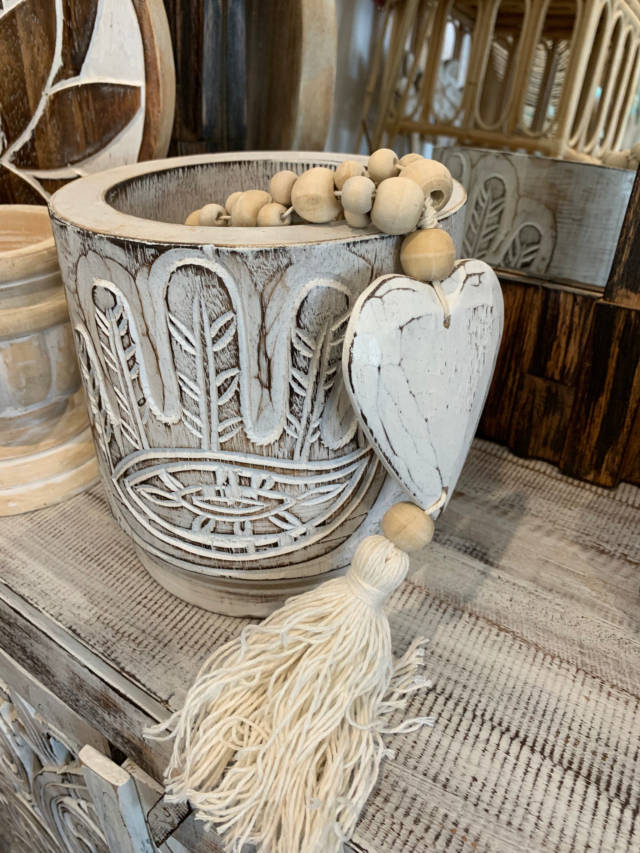 White timber vase / pot. Hamsa hand carving - Bali Beach Beyond