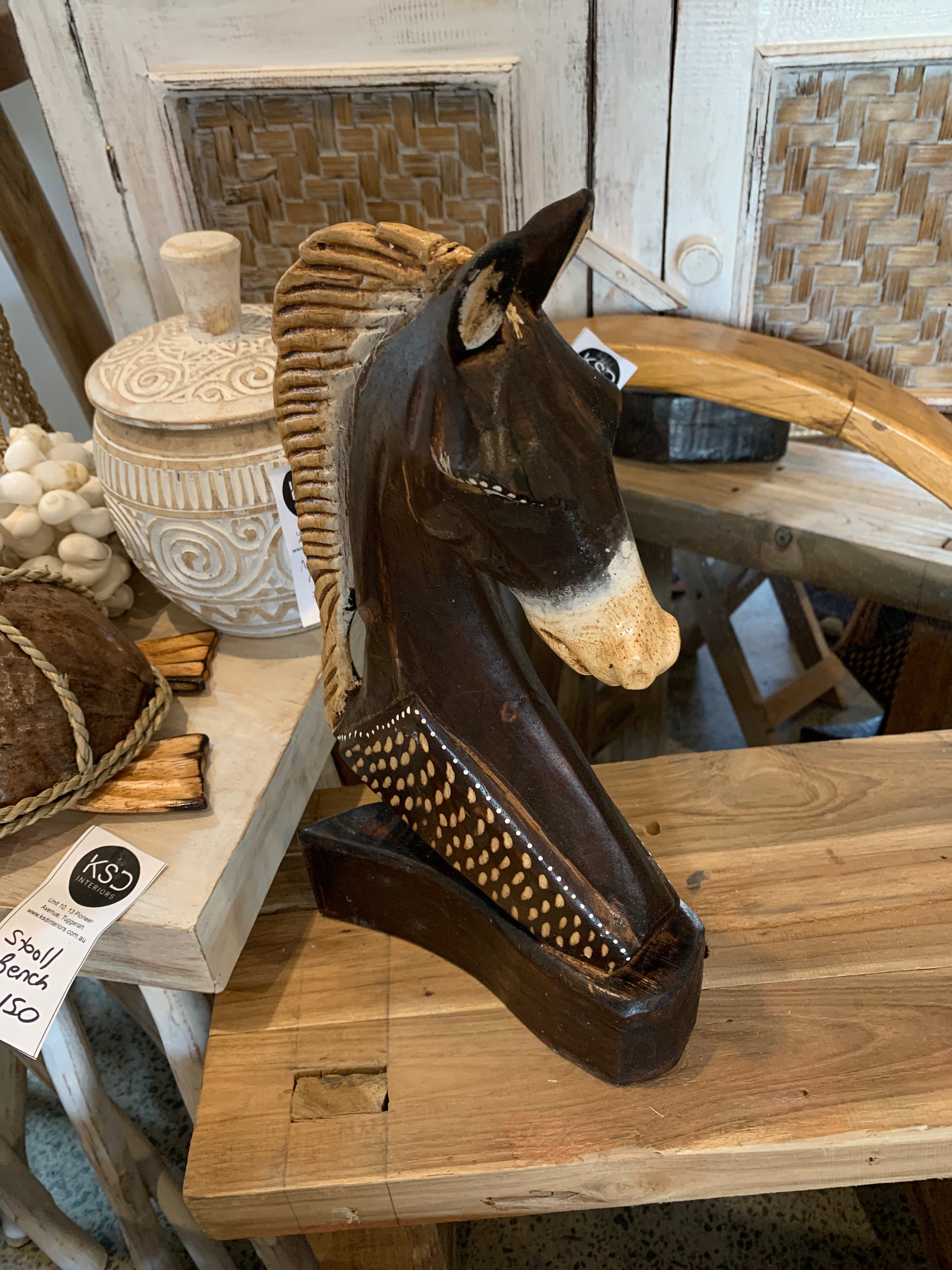 Brown 33cm handpainted timber horse statue - Bali Beach Beyond