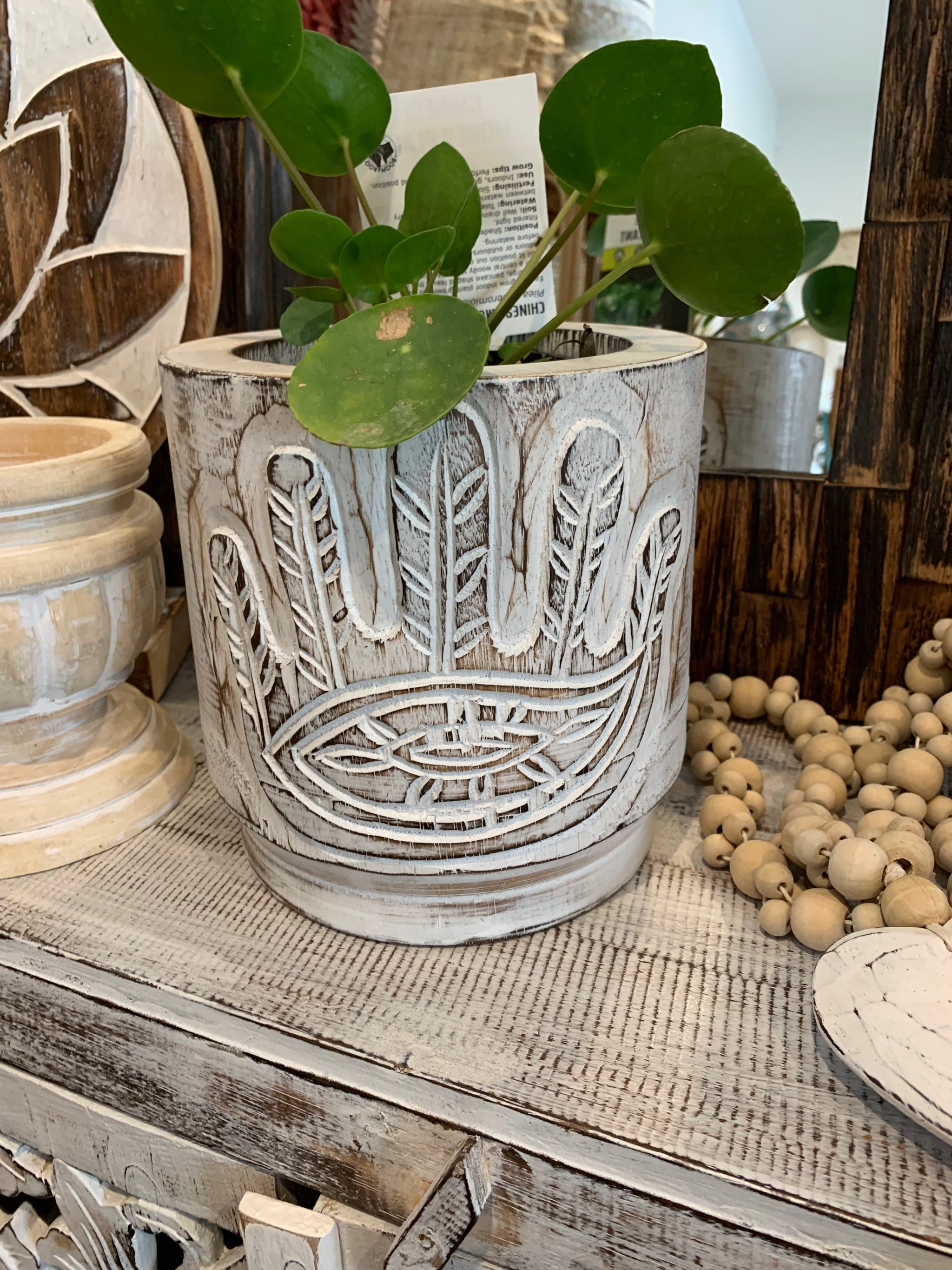 White timber vase / pot. Hamsa hand carving - Bali Beach Beyond