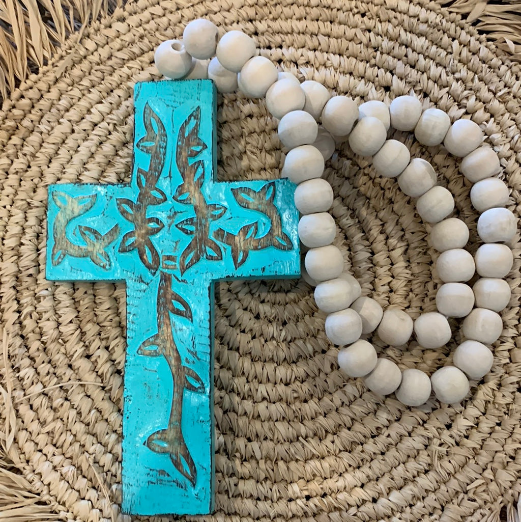 Turquoise carved timber cross with natural beads - Bali Beach Beyond