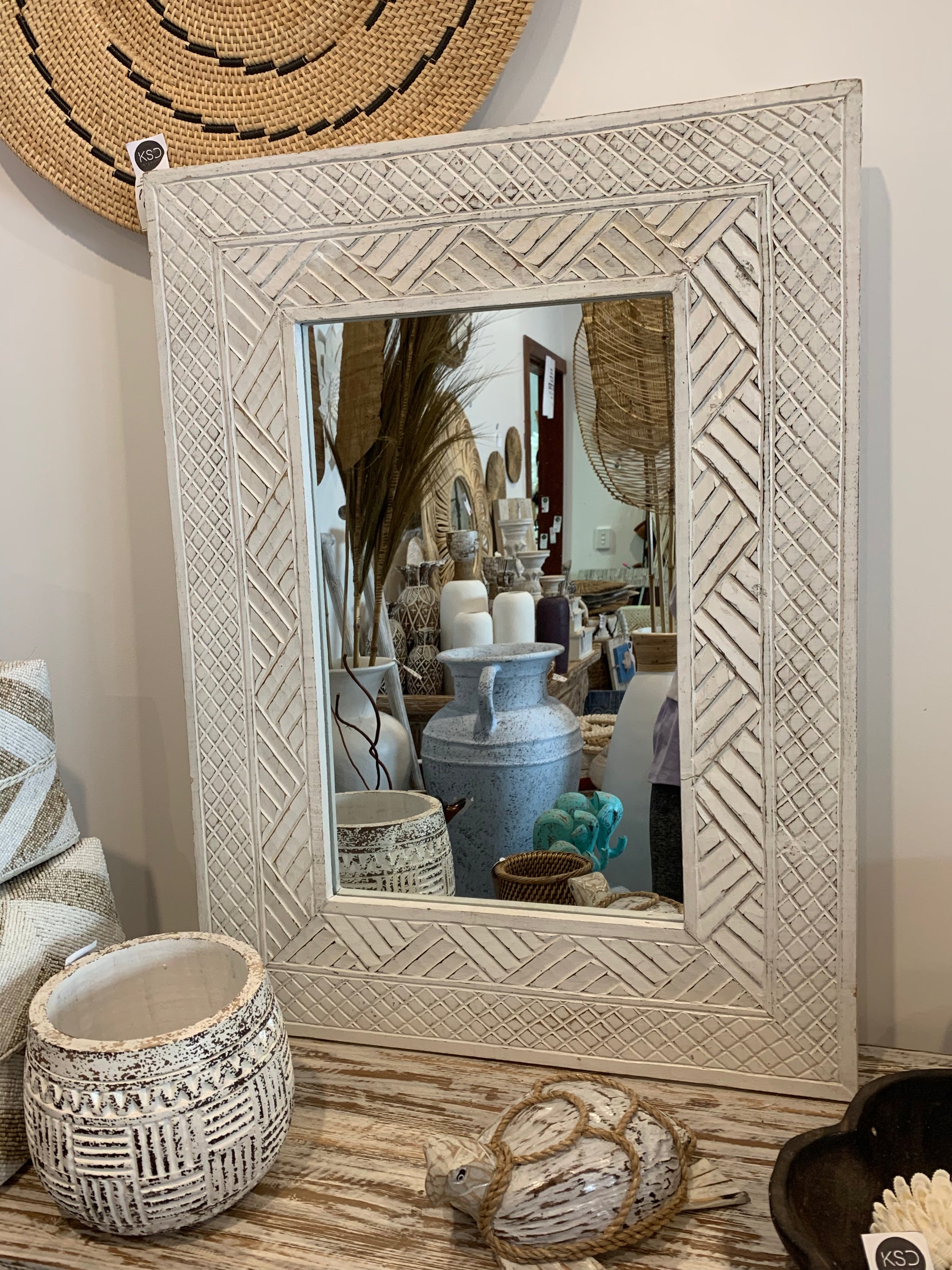 White carved timber mirror - Bali Beach Beyond