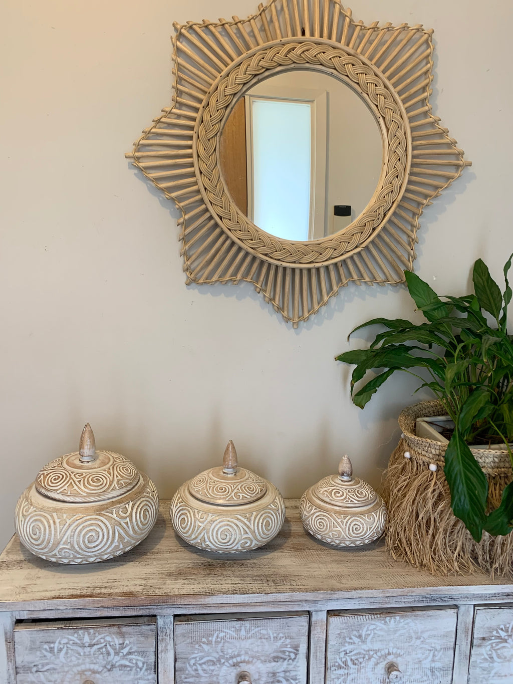 Set 3 container with lids. Carved white wash - Bali Beach Beyond