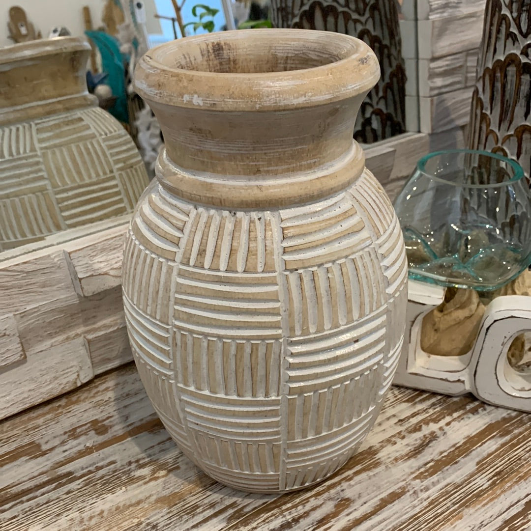 White wash / natural carved timber vase. Medium - Bali Beach Beyond