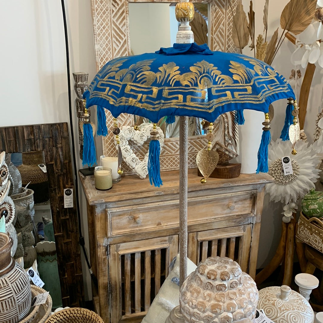 Blue Tabletop Umbrella with gold handpainted design. EOFY sale. Usually $60 - Bali Beach Beyond