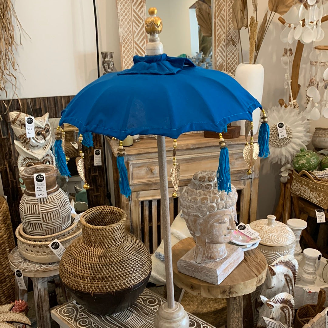 Blue Tabletop Umbrella with plain design. EOFY sale. Usually $50 - Bali Beach Beyond