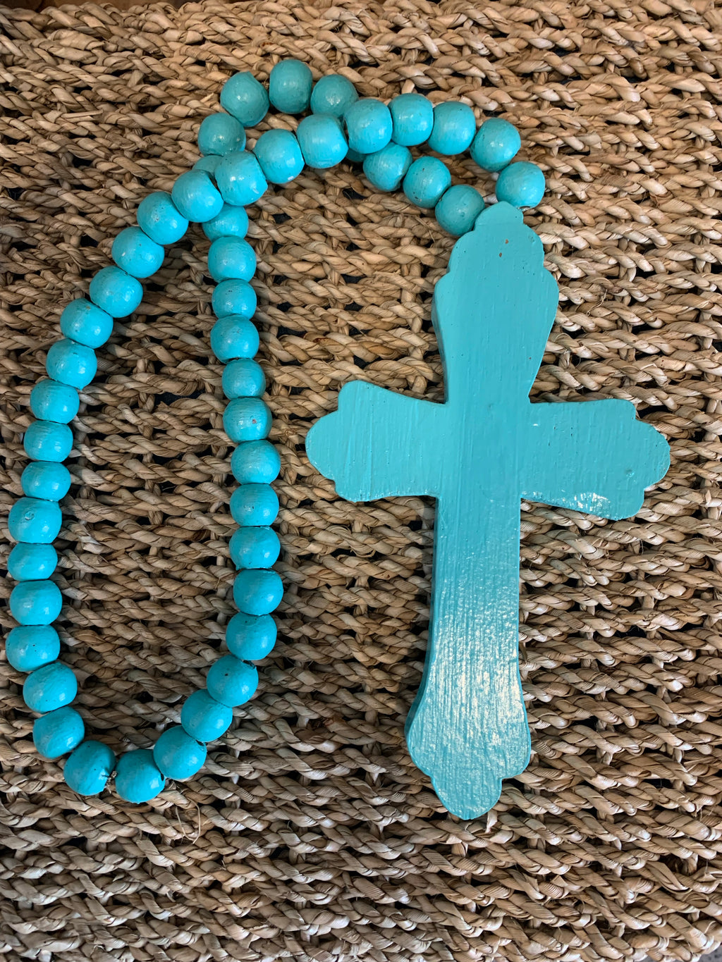 Rustic turquoise timber cross with turquoise beads. - Bali Beach Beyond