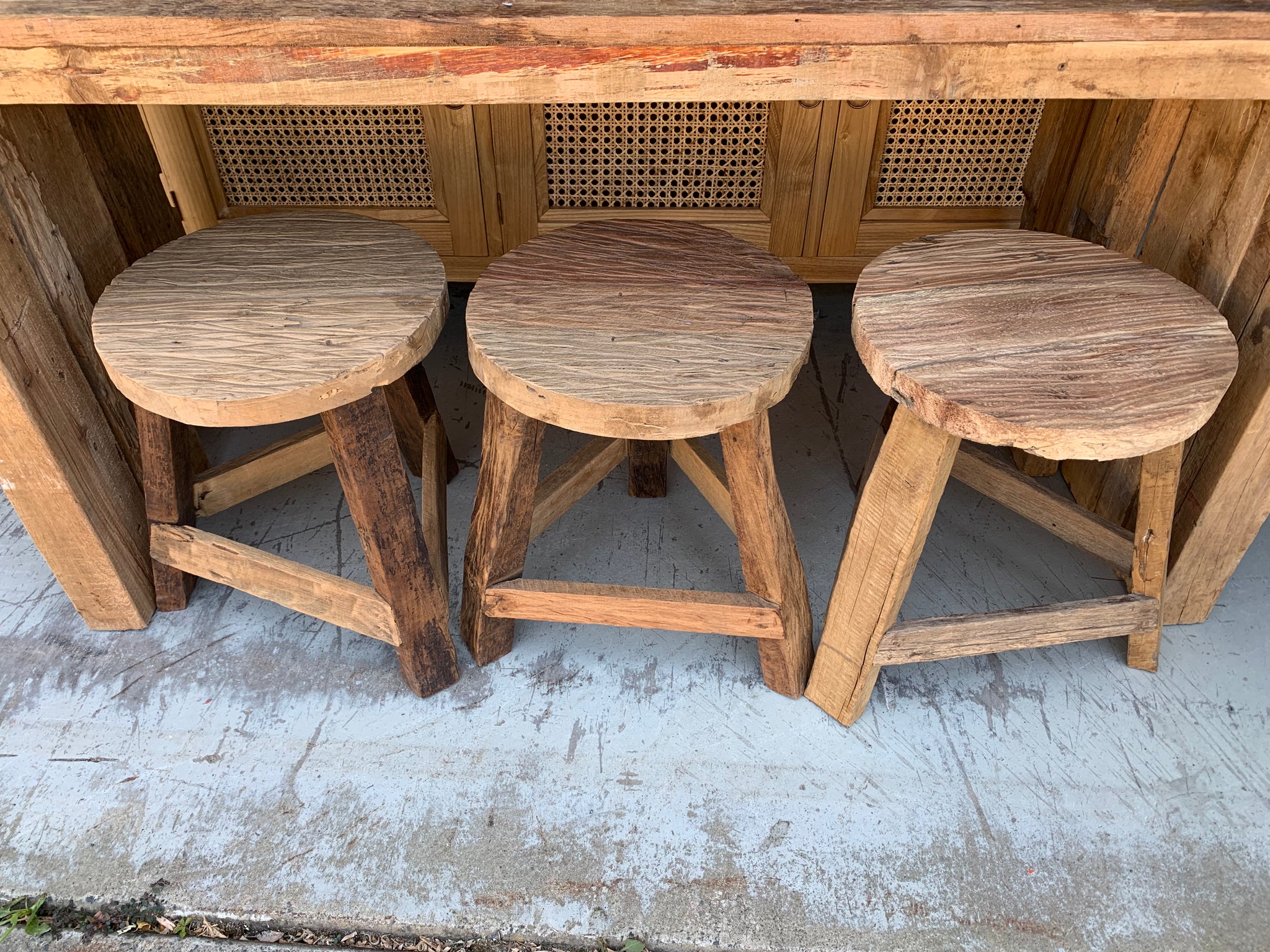 Solid recycled timber round stool.