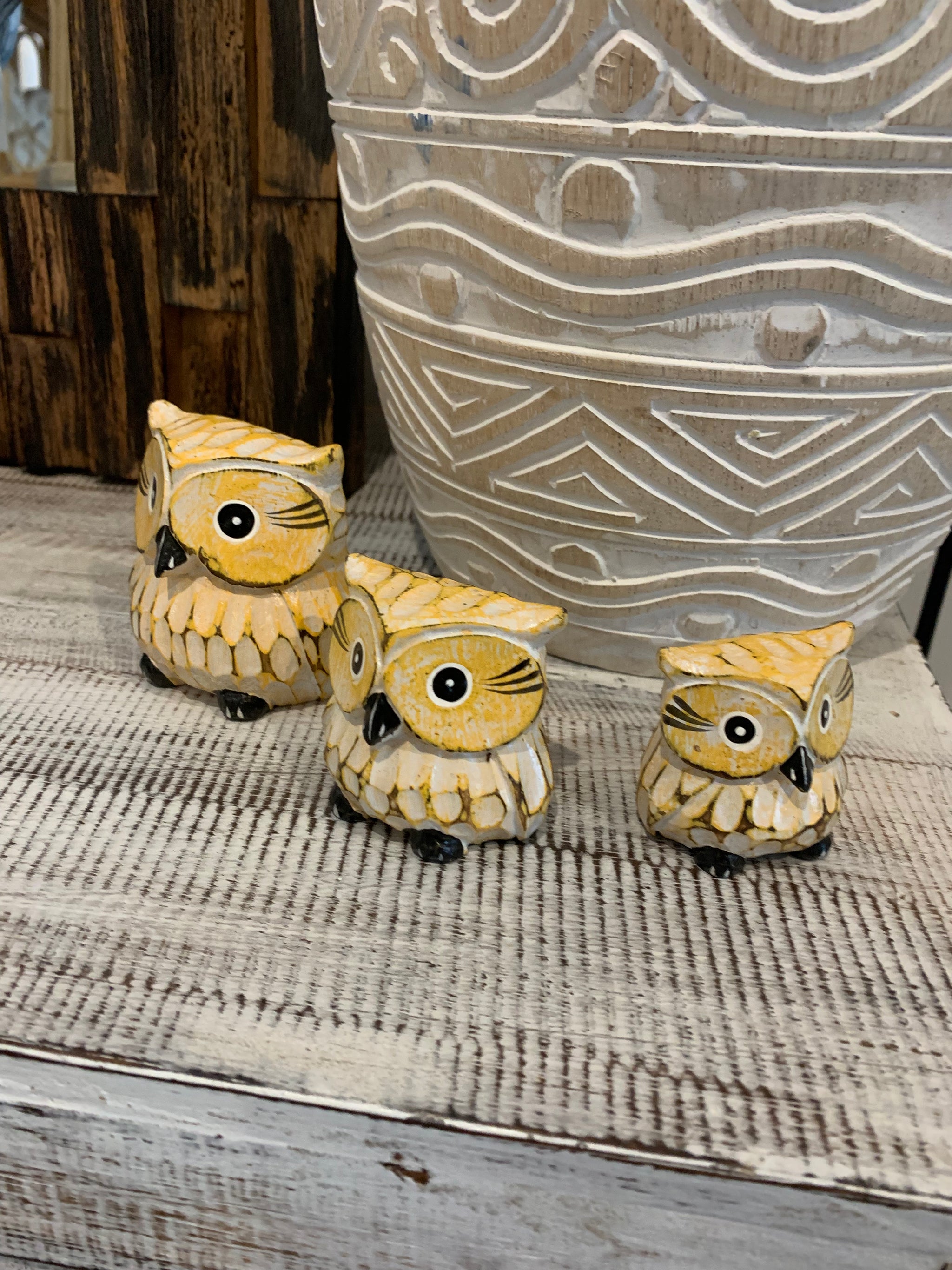 Yellow timber owls. Set 3. Handpainted and handcarved. - Bali Beach Beyond