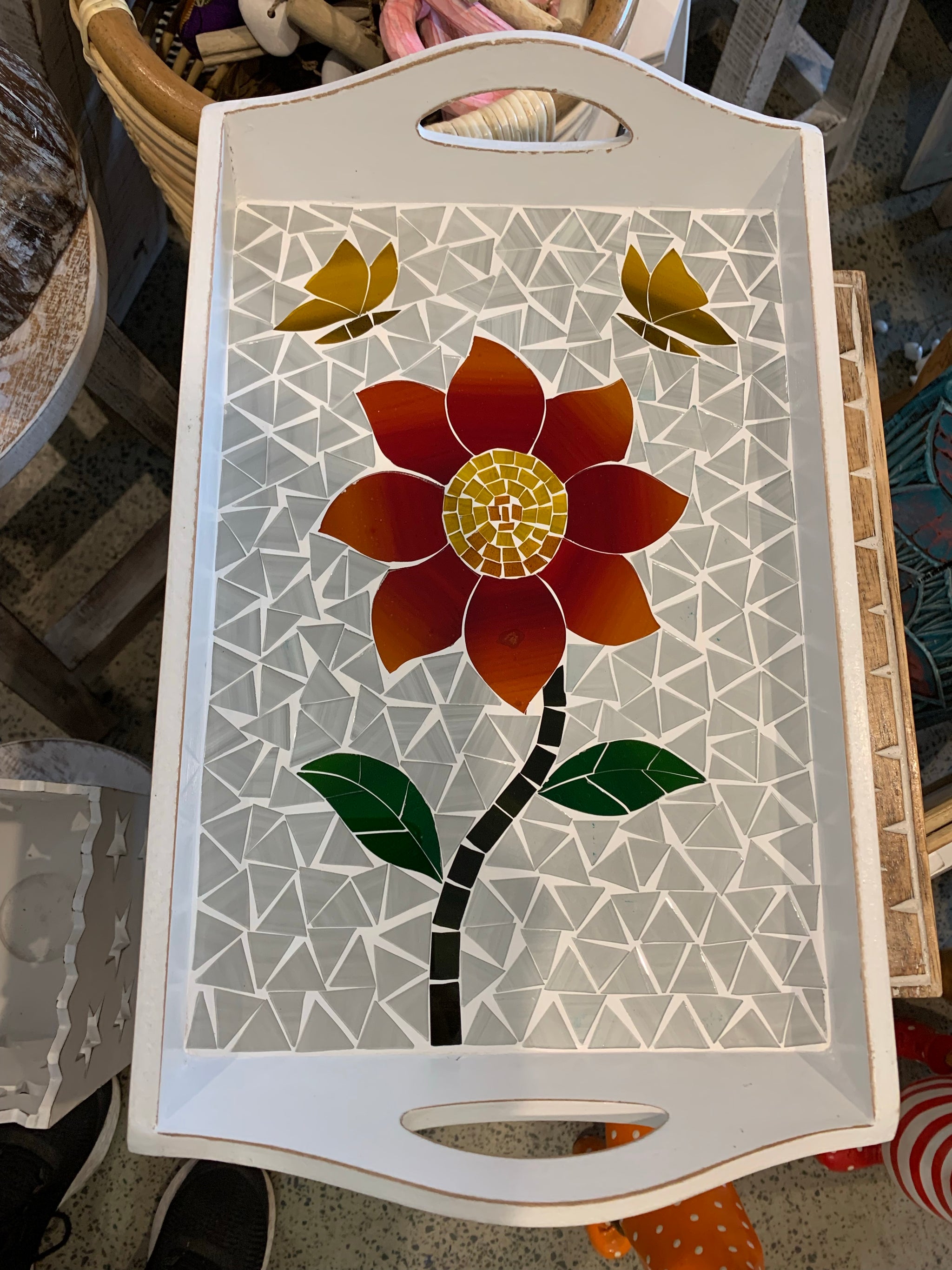 Red flower mosaic tray. Usually $40