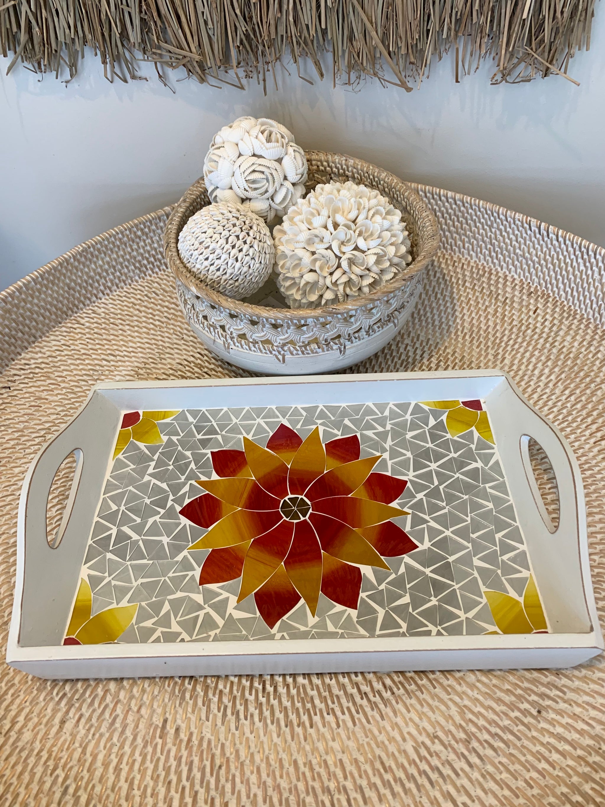 Red flower timber mosaic tray. Usually $40