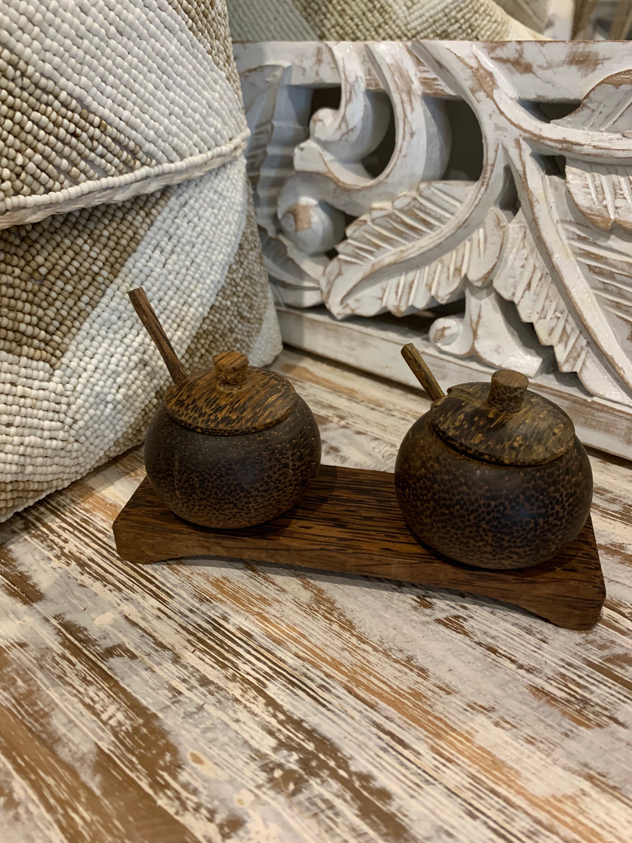 2 timber bowls on stand. Includes spoons - Bali Beach Beyond