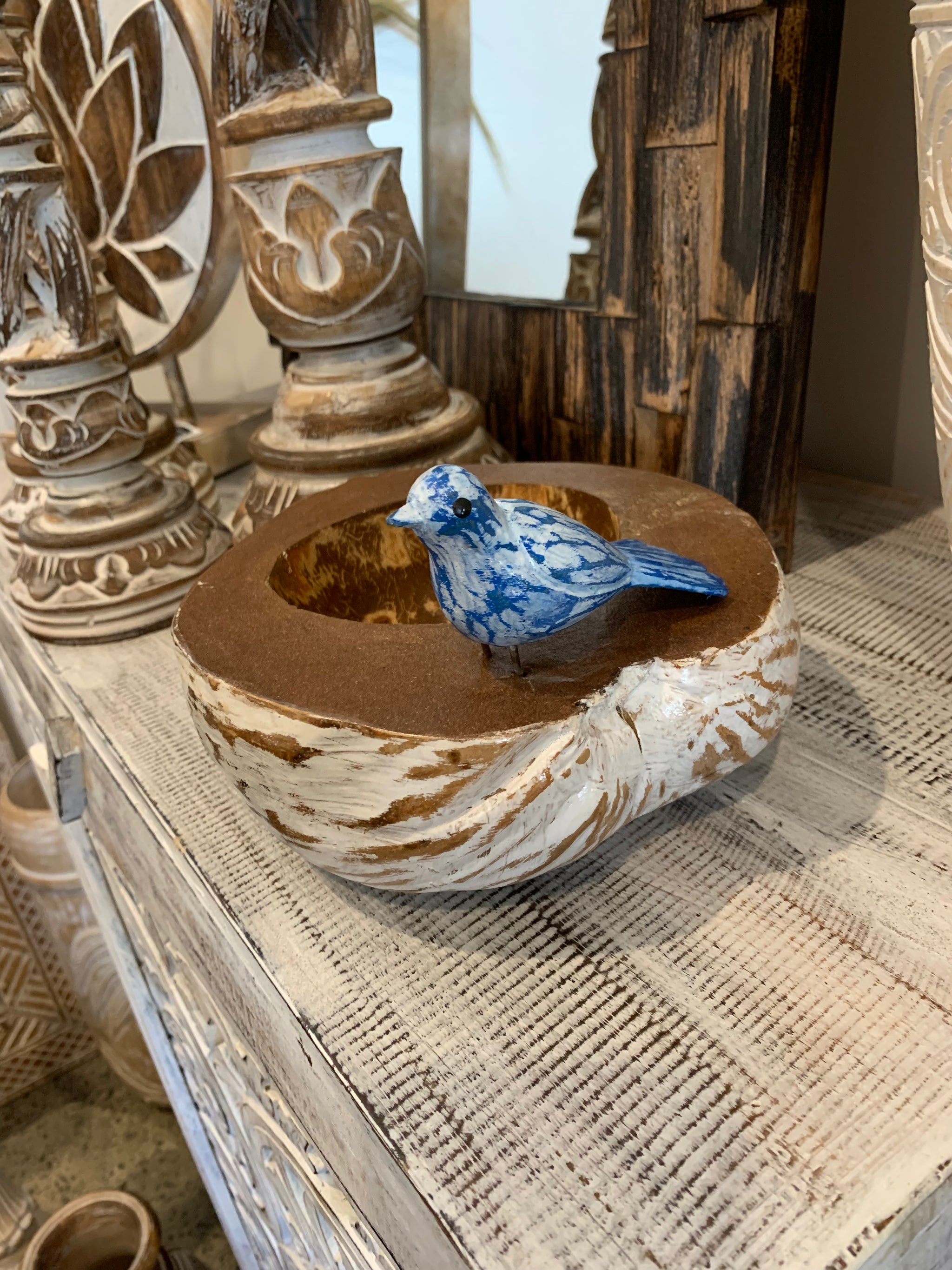 Coconut platter / bowl. Blue bird