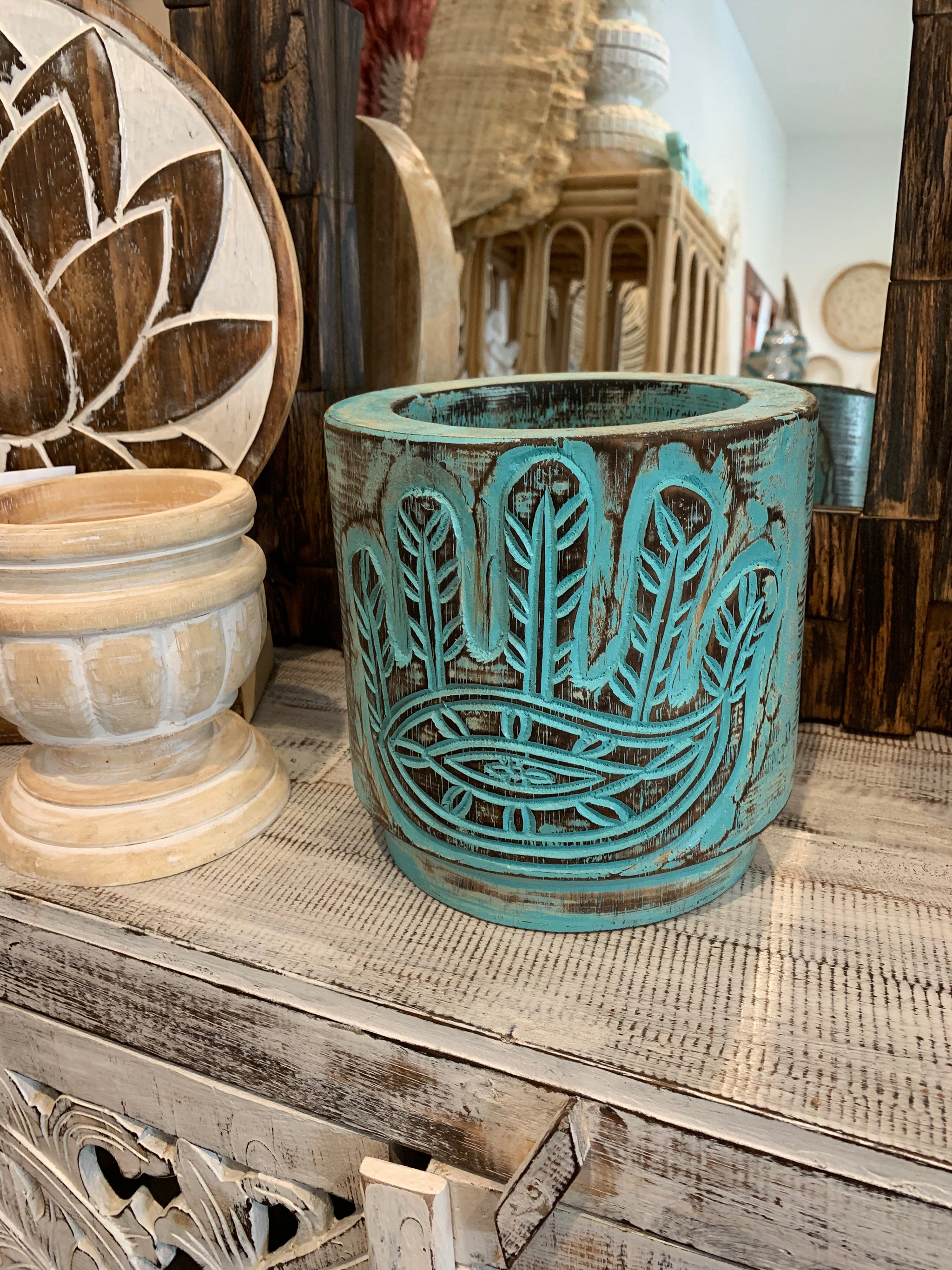 Turquoise / green timber vase / pot. Hamsa hand carving - Bali Beach Beyond