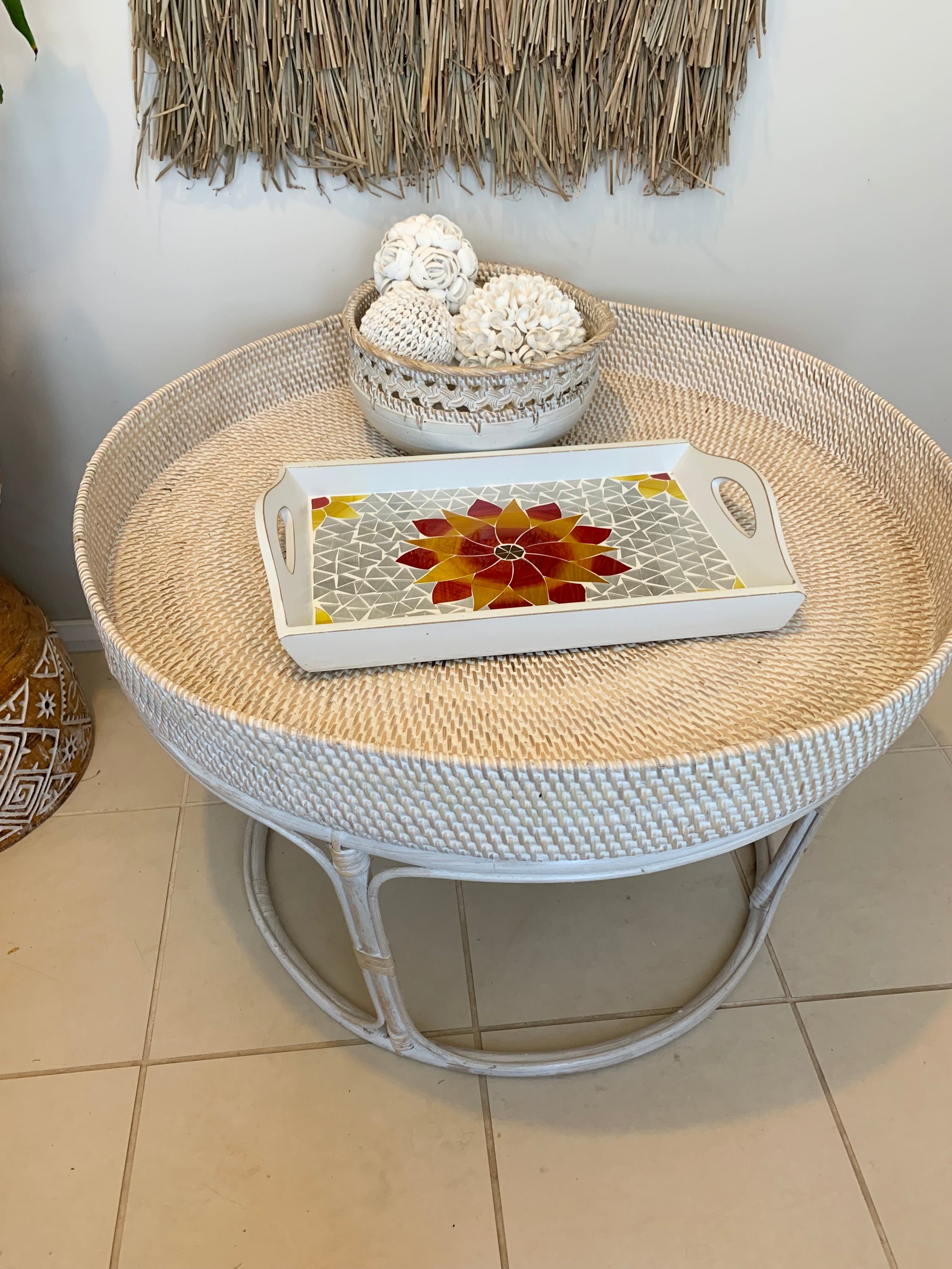 Red flower timber mosaic tray. Usually $40