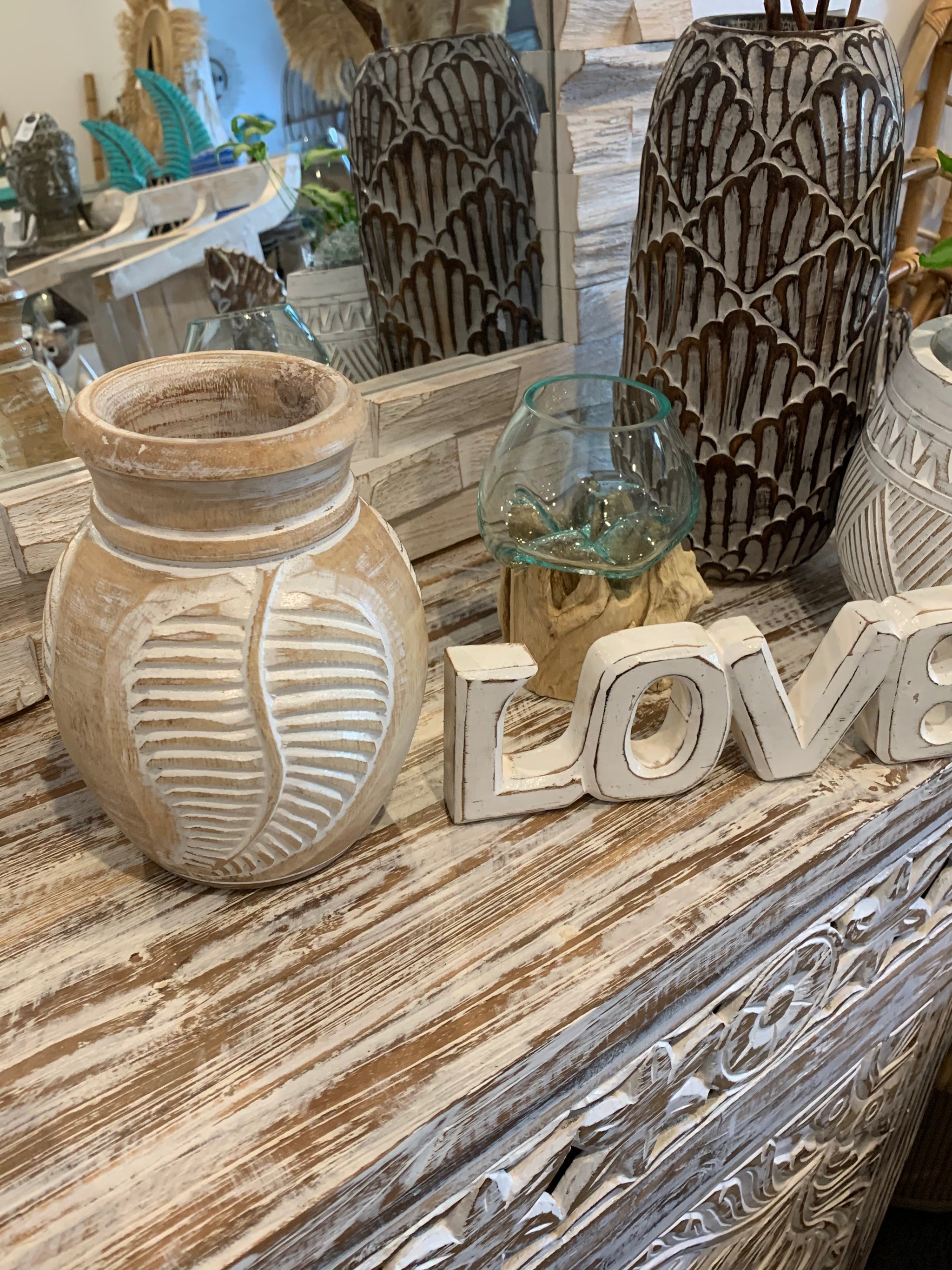 White wash carved timber vase. Small - Bali Beach Beyond