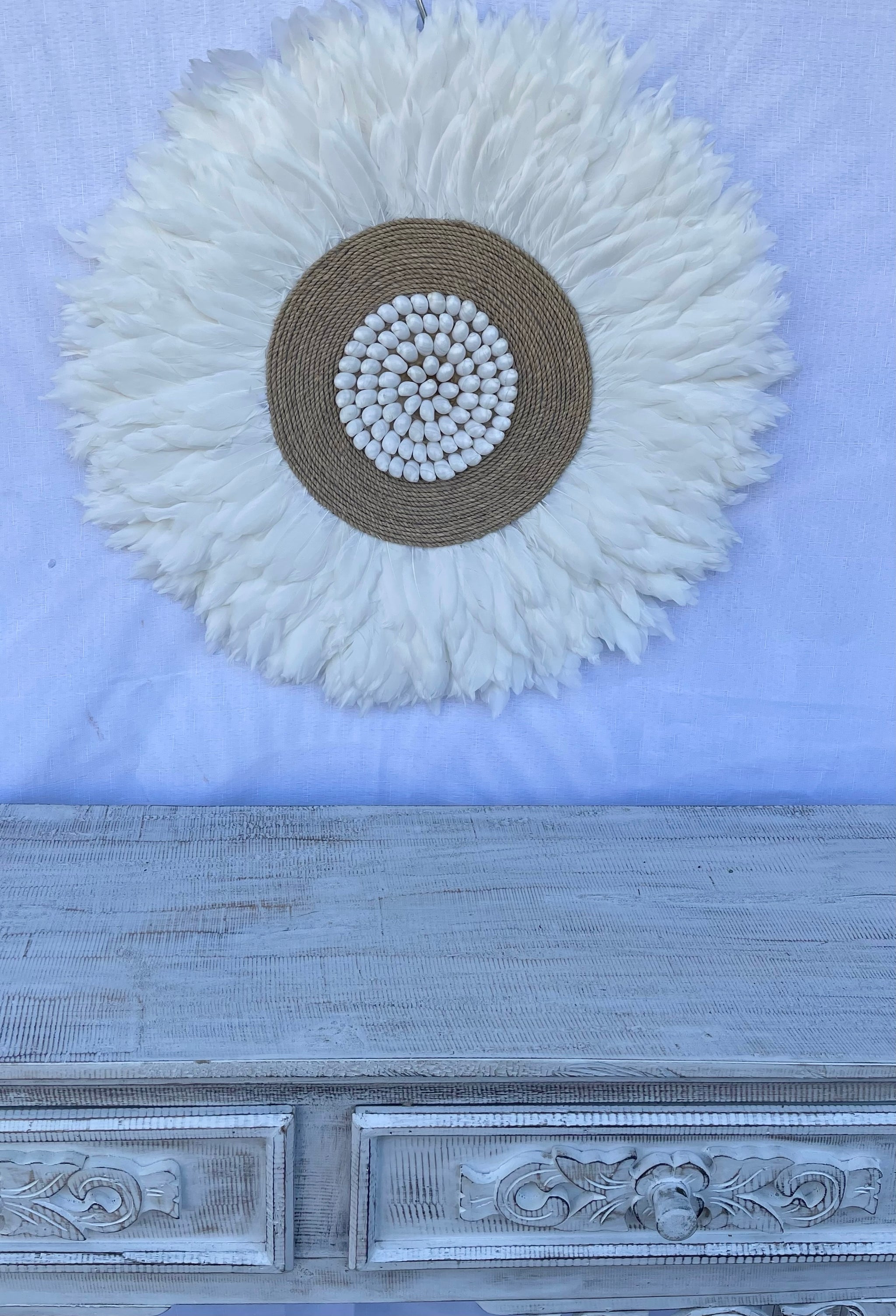 White feather juju with jute and white shell detail