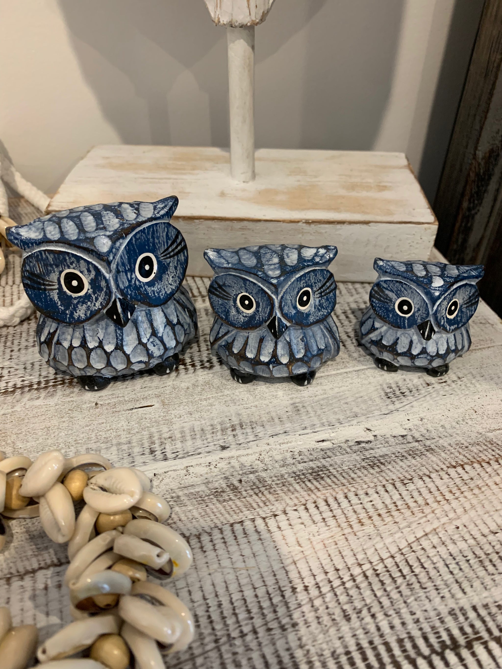 Blue timber owls. Set 3. Handpainted and handcarved. - Bali Beach Beyond