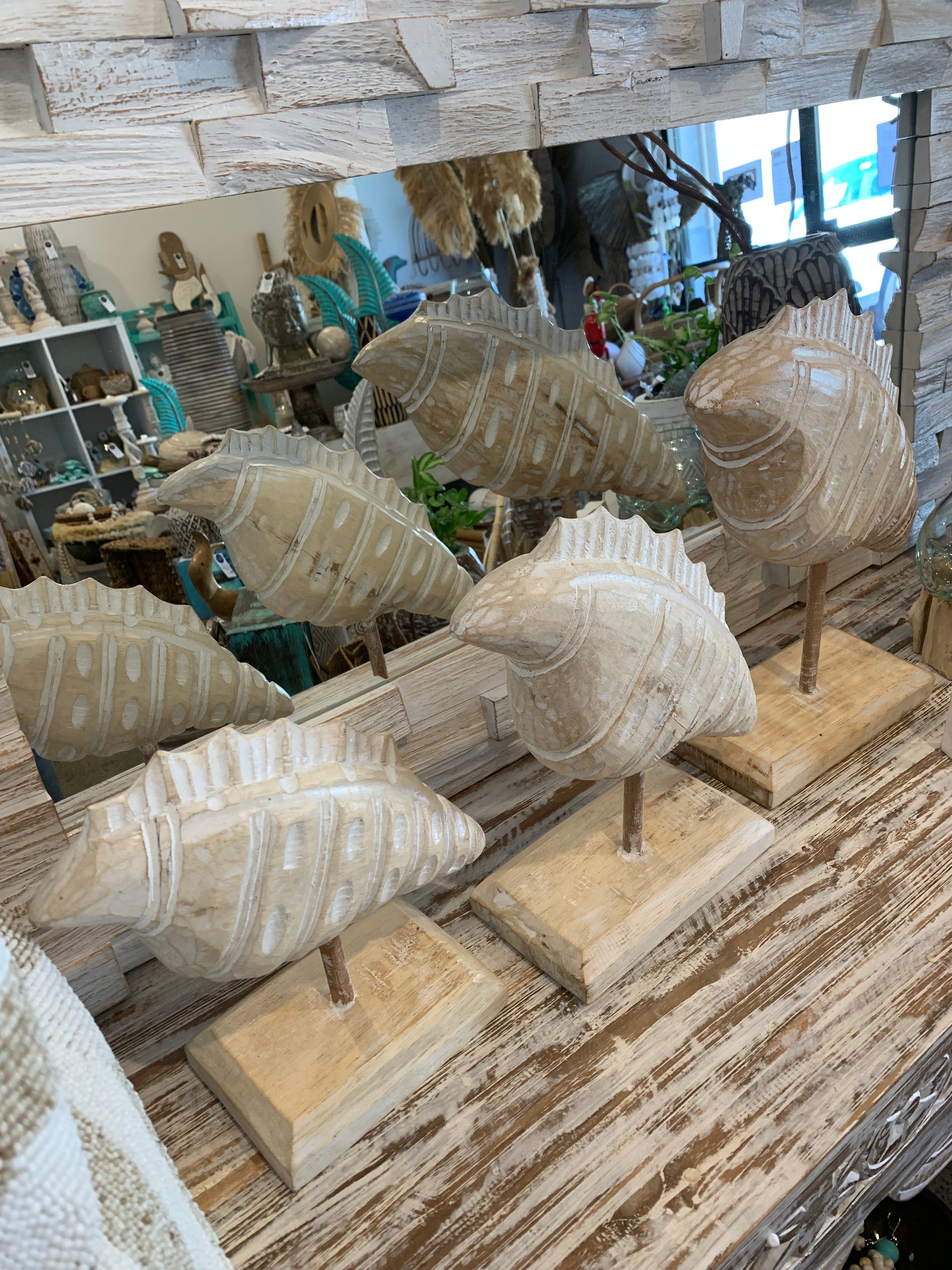 Carved timber shell on stand. Set 3. Natural. EOFY sale. Usually $65 - Bali Beach Beyond