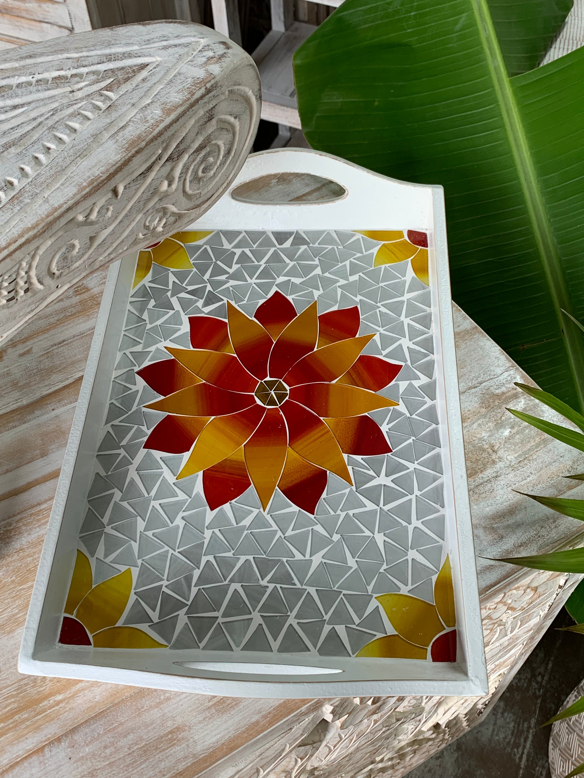 Red flower timber mosaic tray. Usually $40