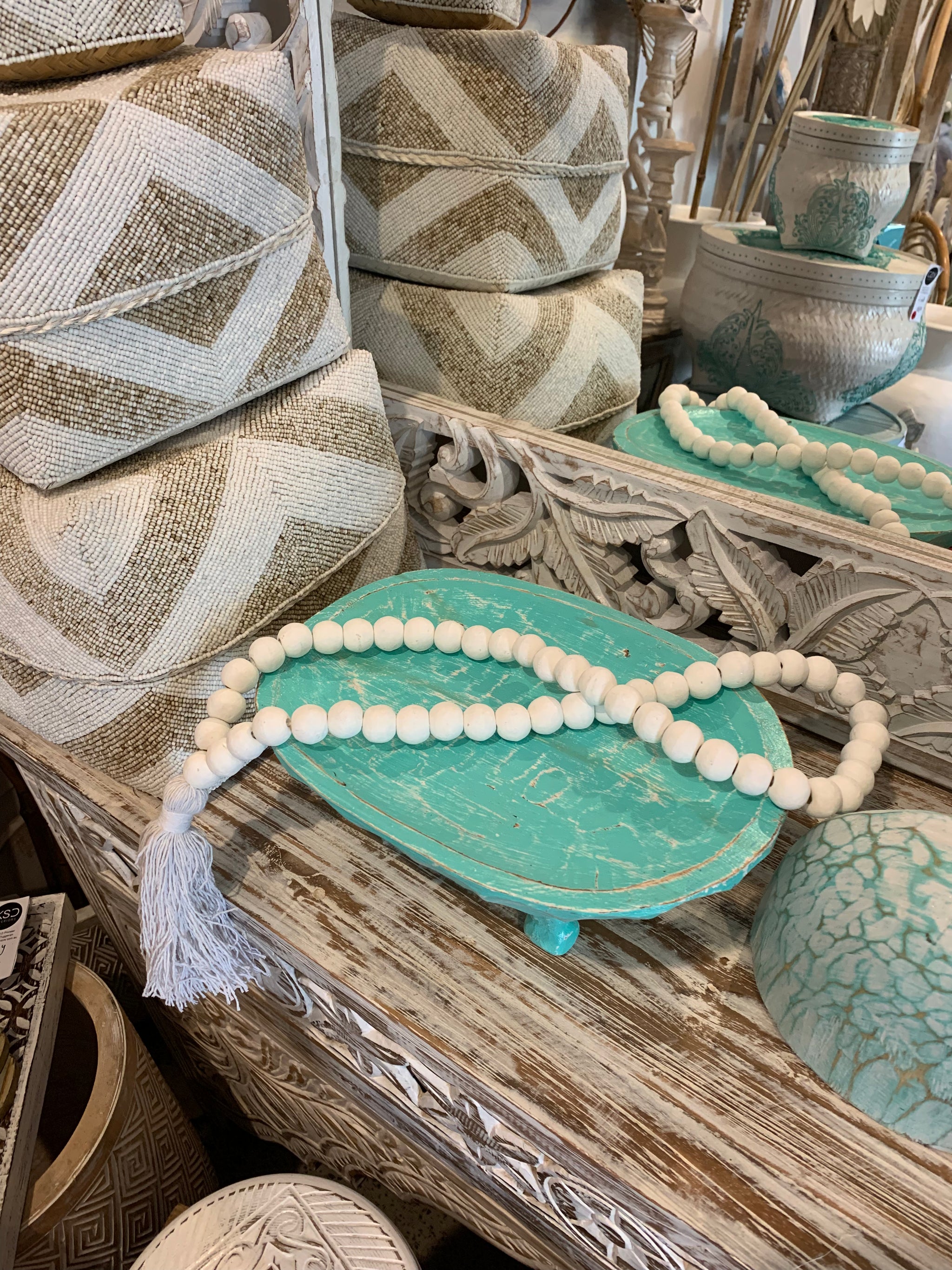 Turquoise timber decorative platter on legs 30cm - Bali Beach Beyond