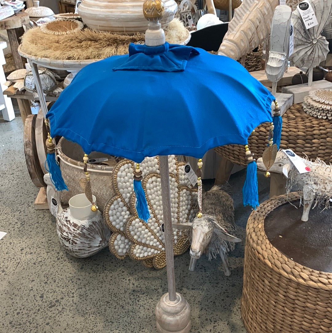 Blue Tabletop Umbrella with plain design. EOFY sale. Usually $50 - Bali Beach Beyond