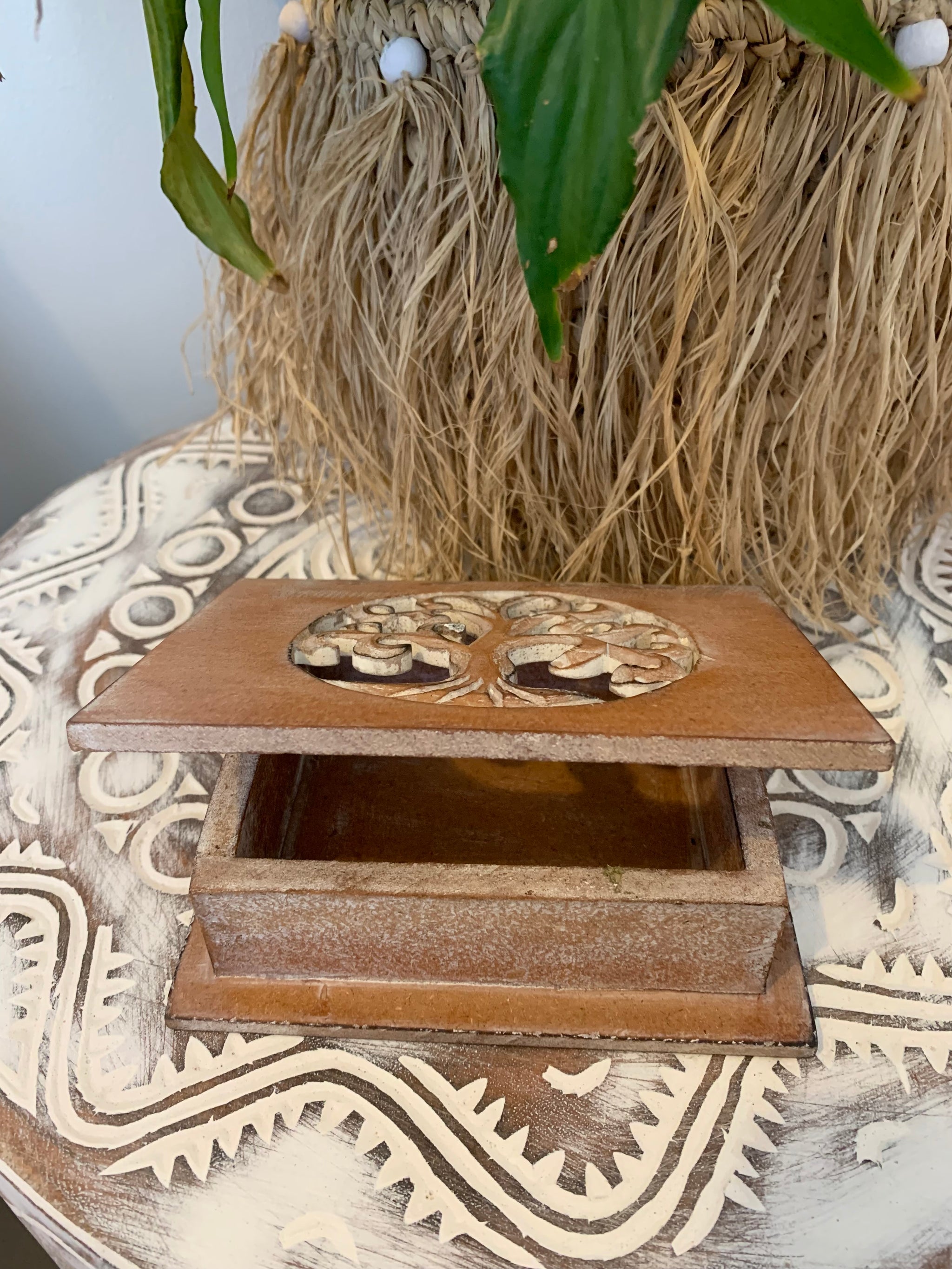 Carved tree of life brown box with hinged lid. Jewellery / storage. 15cm w - Bali Beach Beyond
