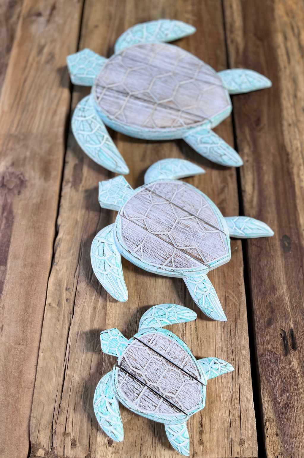 Set of 3 turquoise timber turtles wall hangings - Bali Beach Beyond