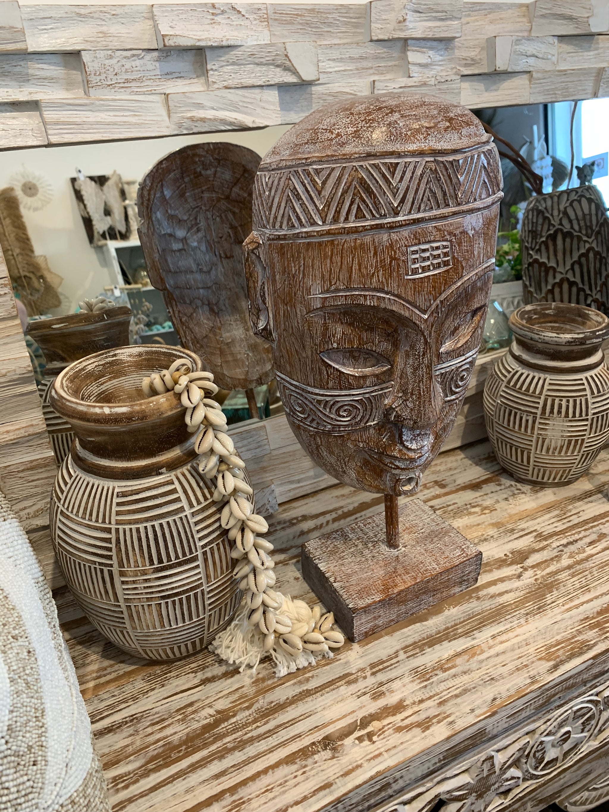 Tribal mask on stand Set of 3. Handcarved - Bali Beach Beyond