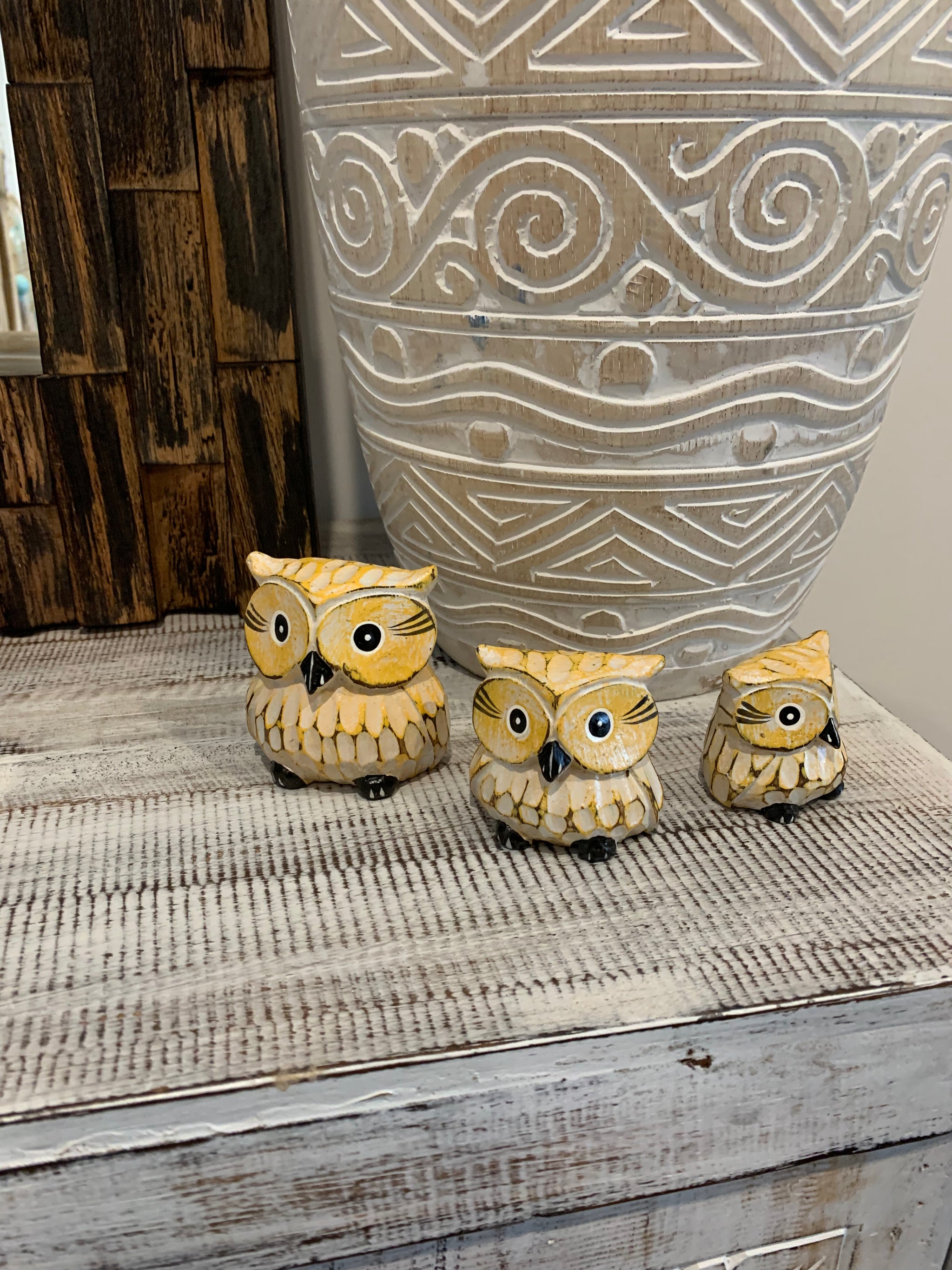 Yellow timber owls. Set 3. Handpainted and handcarved. - Bali Beach Beyond